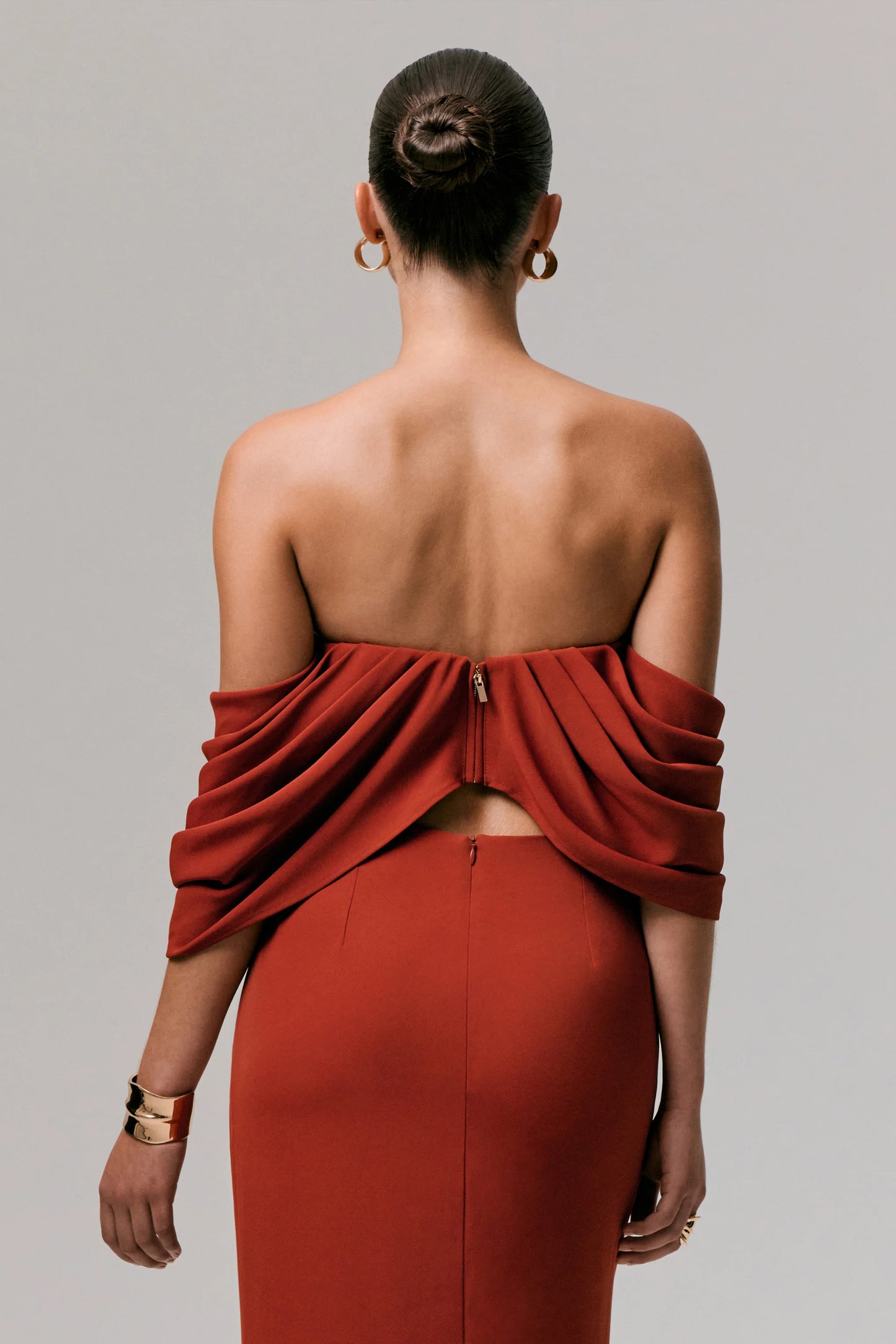 Talika Terracotta Bardot Crop-Top With Draped Sleeves