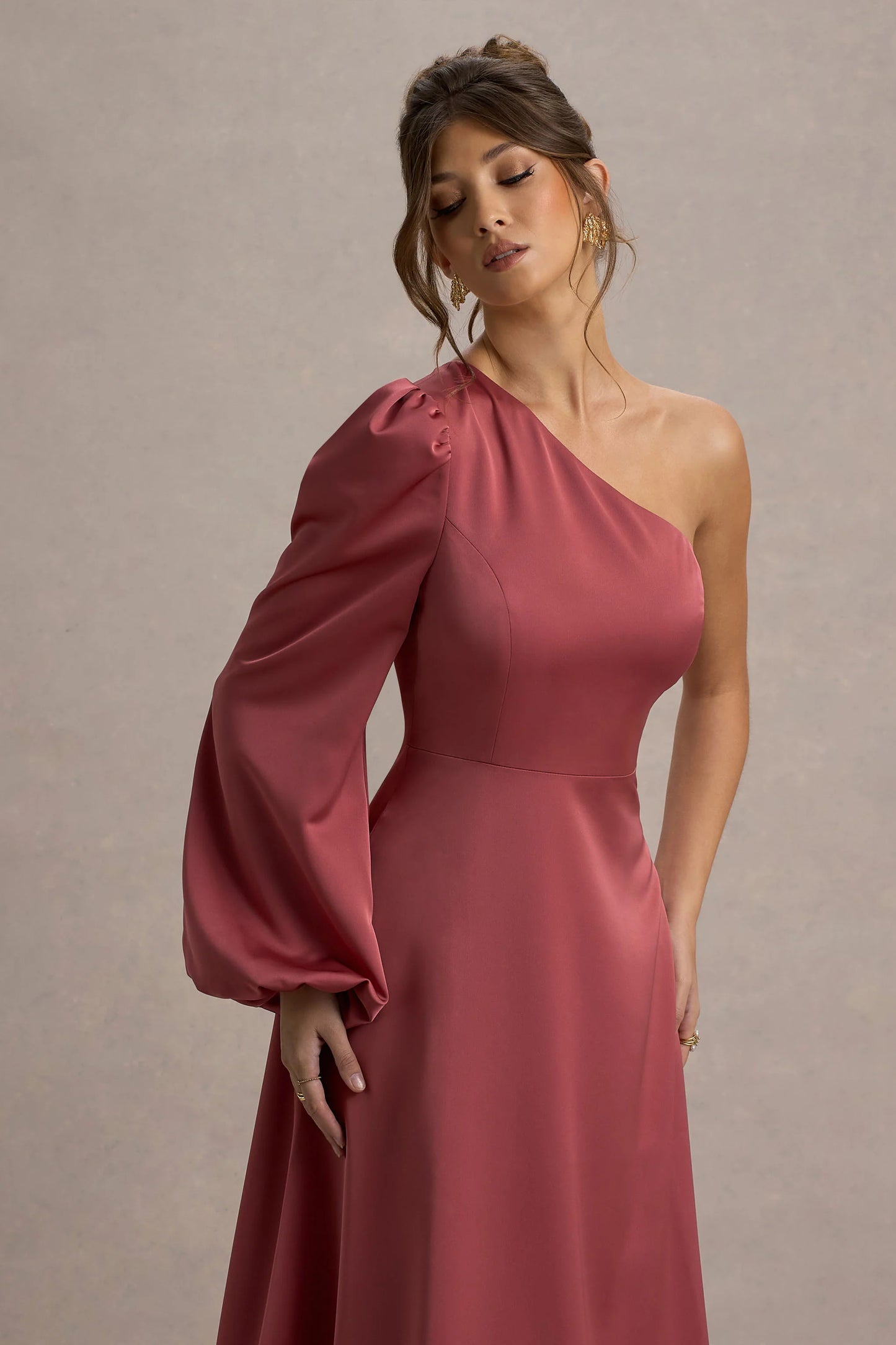 Haila Rose Pink Satin One-Shoulder Midi Dress