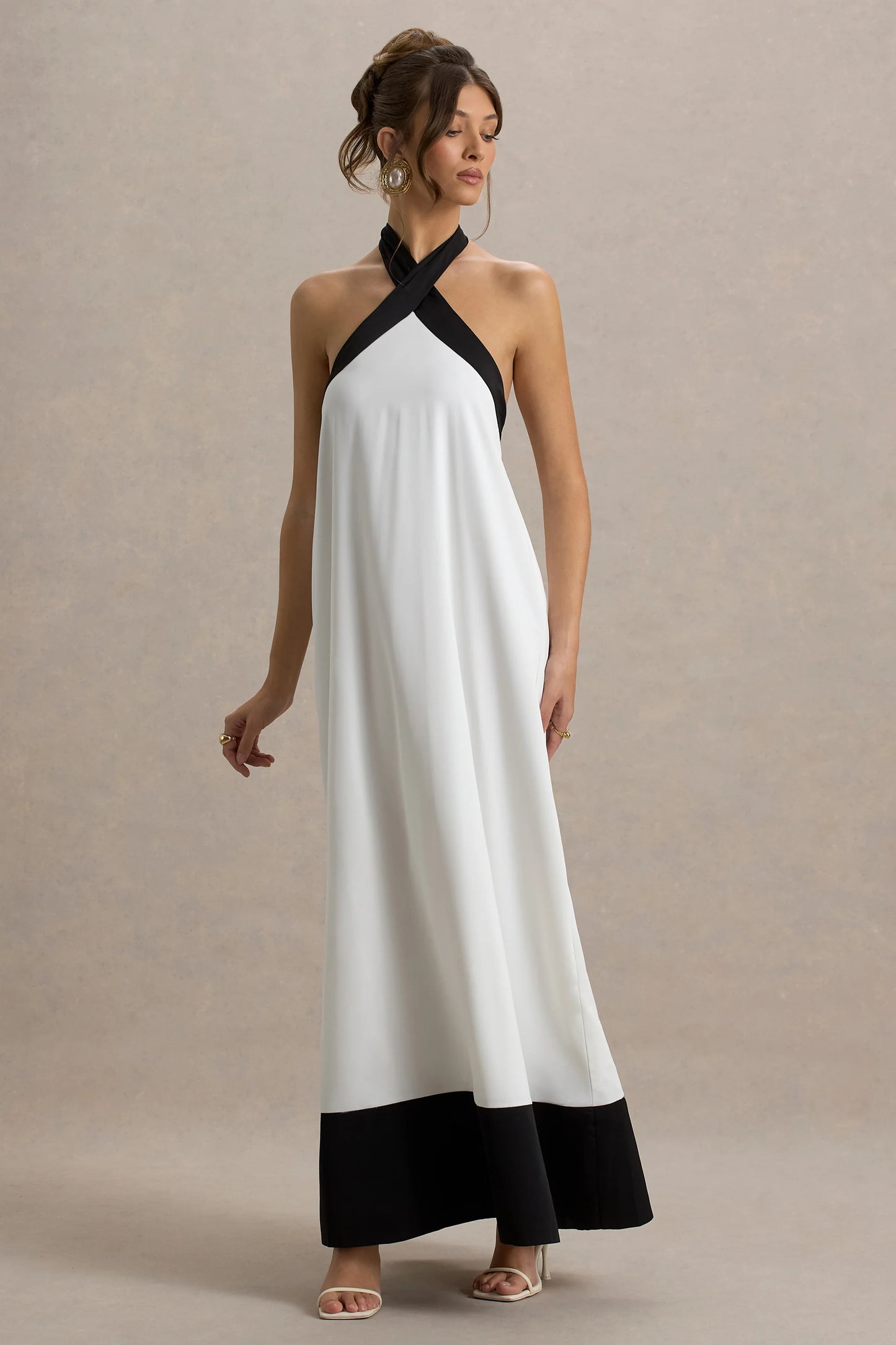 Clarabella White & Black Halter-Neck Maxi Dress
