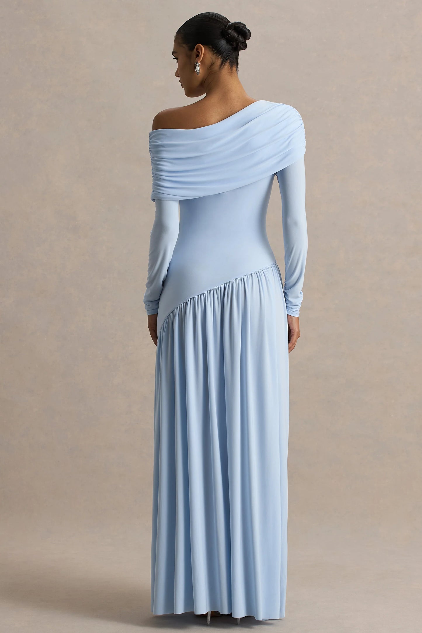 Farah Powder Blue Asymmetric-Neck Maxi Dress With Drop Waist And Ruched Detailing