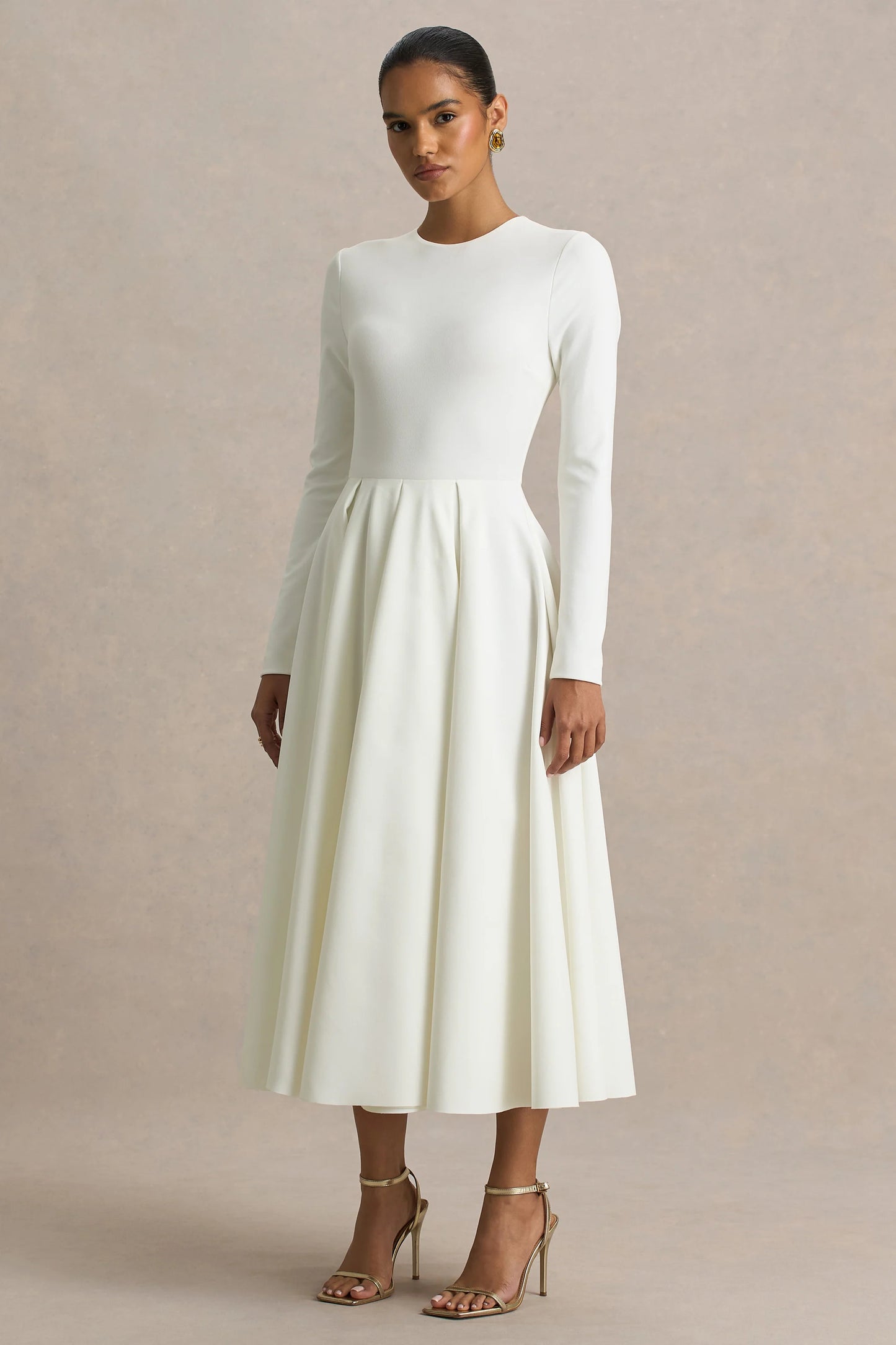 Bellamy Cream Crew-Neck Long Sleeve Midi Dress