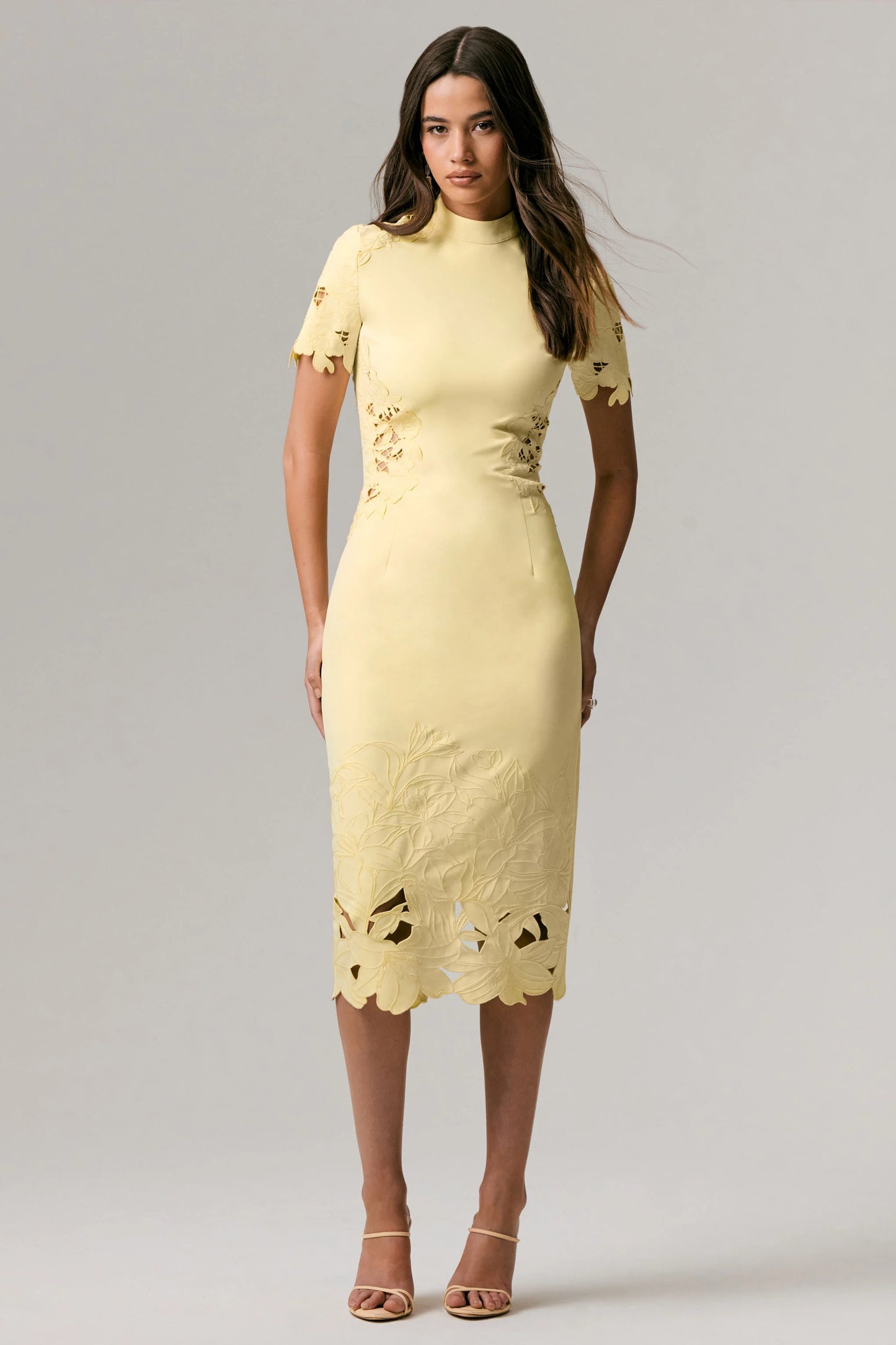 Guest List Lemon High-Neck Midi Dress With Cut-Out Crochet Detailing