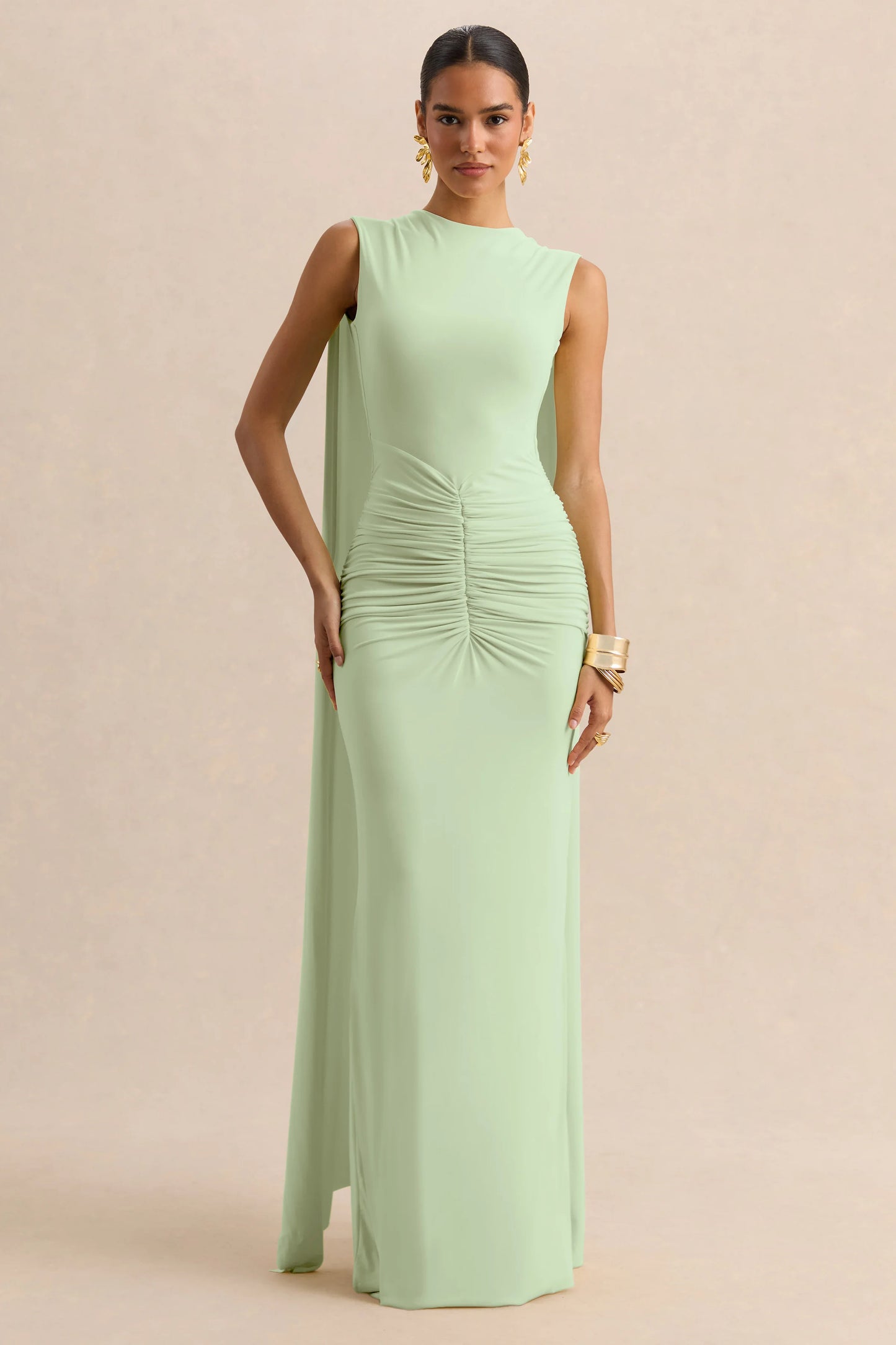 Premiere Mint Boat-Neck Maxi Dress With Cape-Sleeves And Open-Back