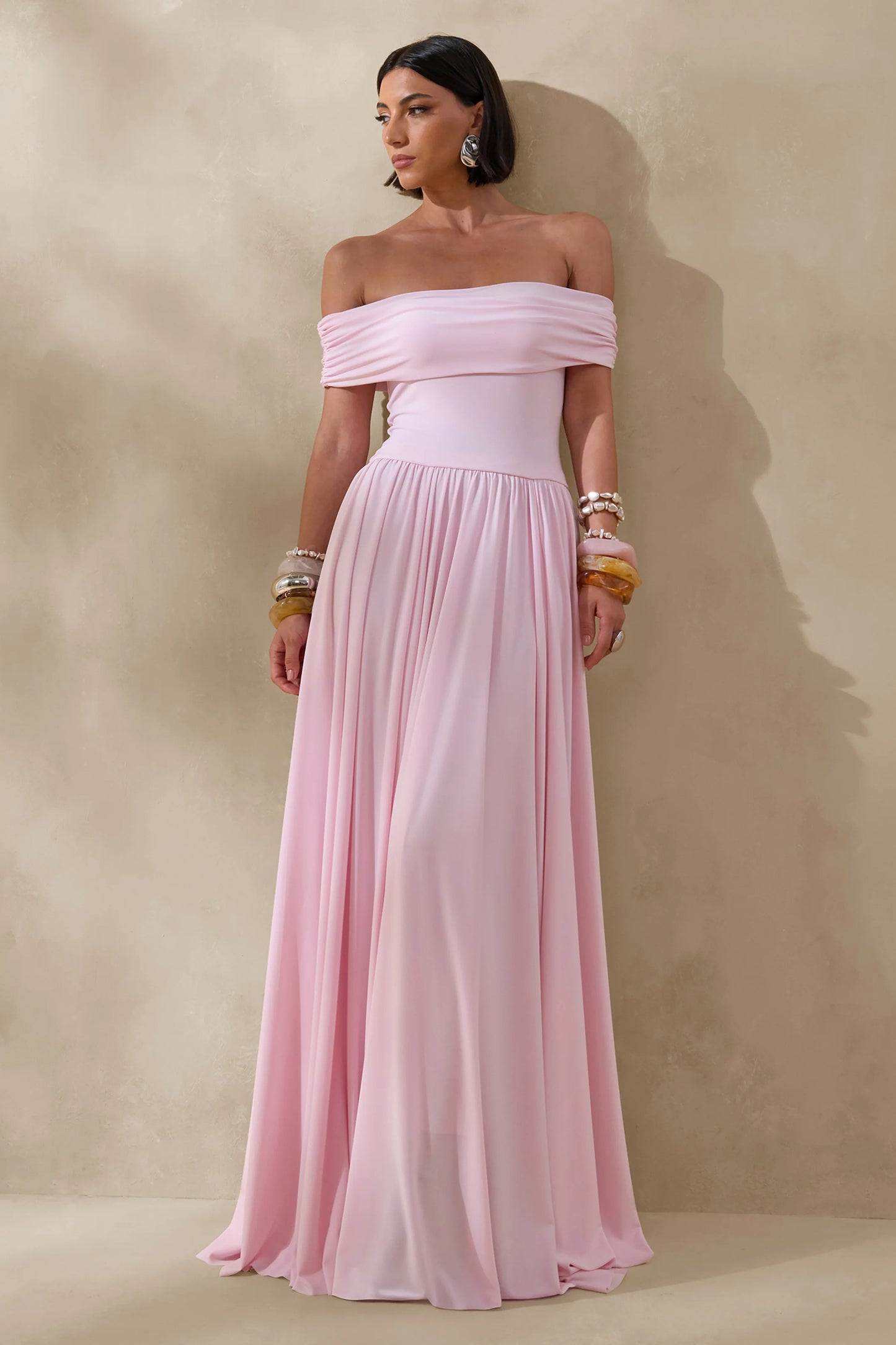 Cindie Pink Bardot-Neck Maxi Dress