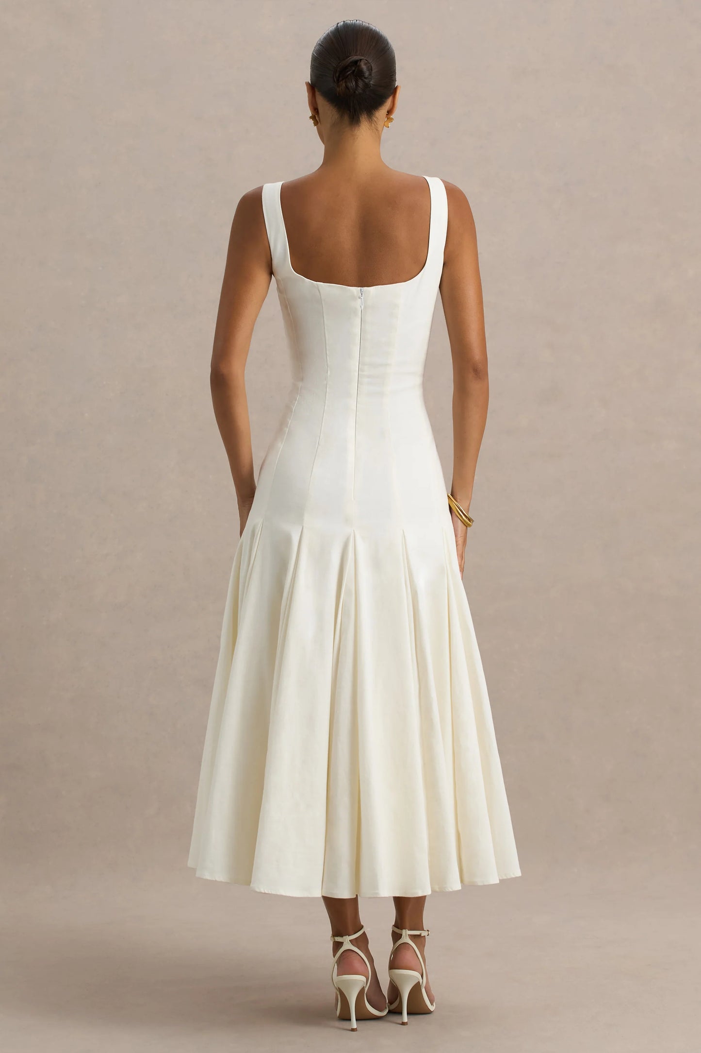 Magnolia White Scoop-Neck Midi Dress With Drop-Waist And Ruffling Detail