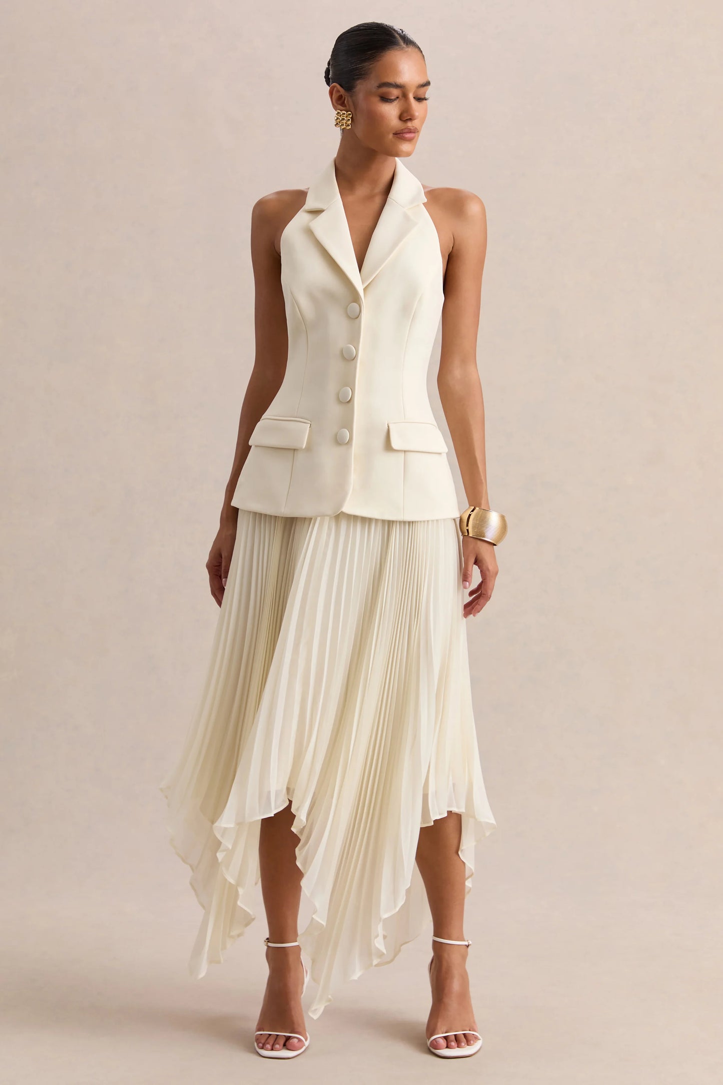 Marvelle Cream Plunge-Neck Maxi Dress With Hanky Hem