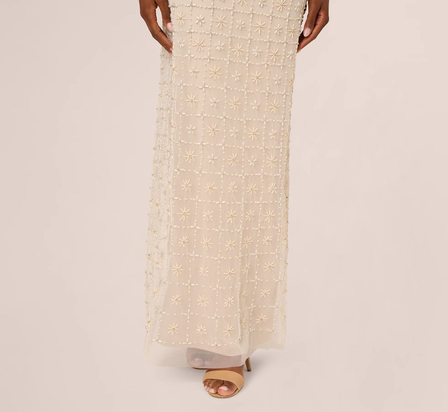 Off Shoulder Pearly Beaded Column Gown In Ivory Nude