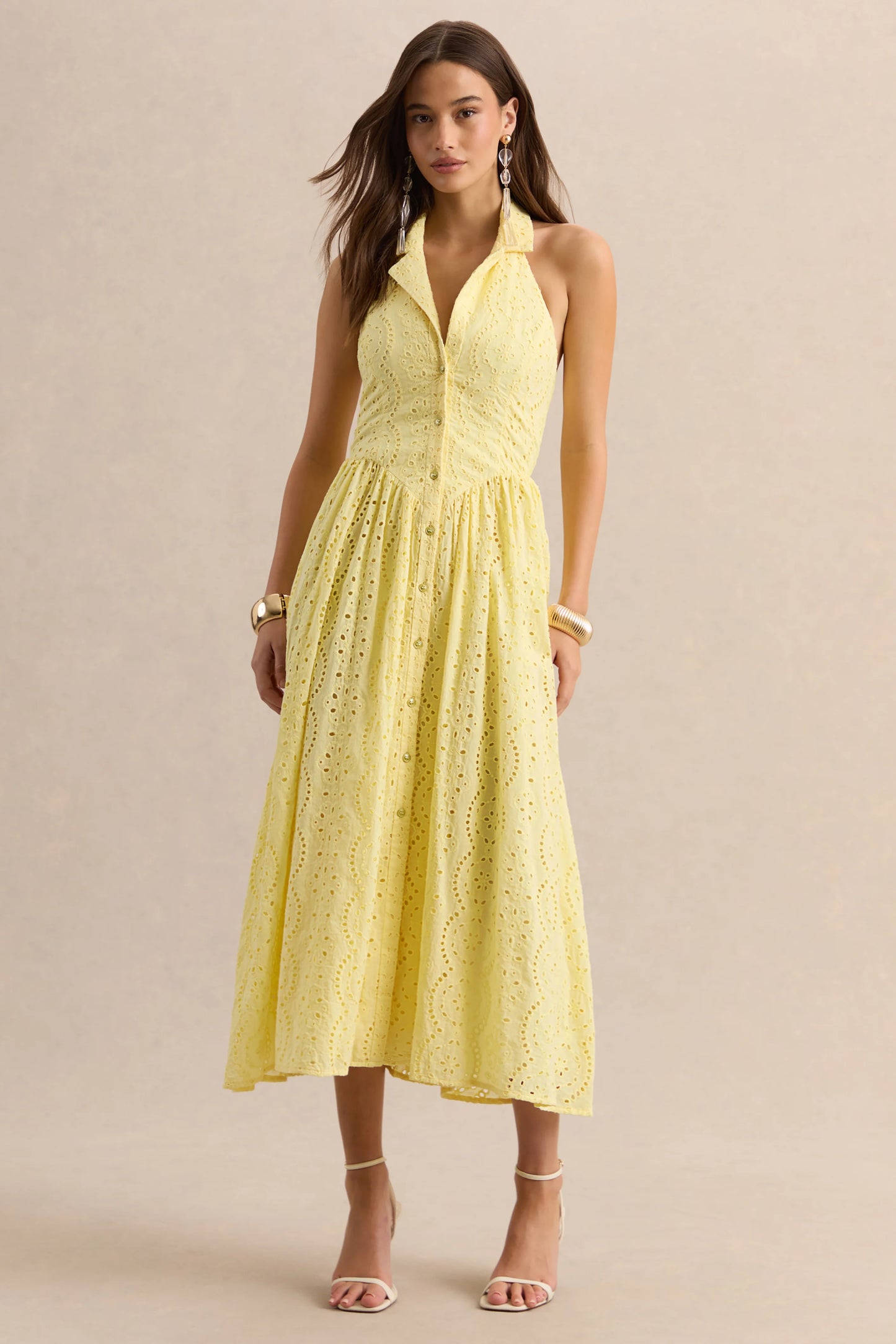 Jezebel Yellow Lace Plunge-Neck Collared Midi Dress