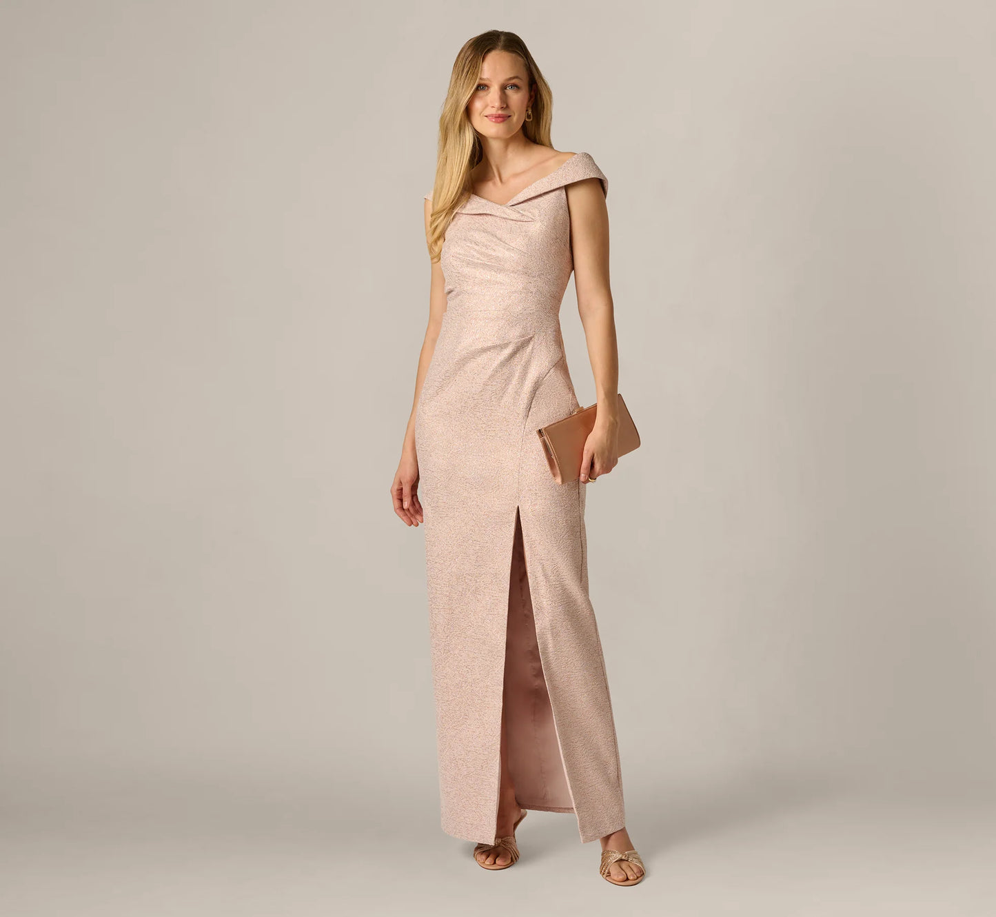 Off Shoulder Draped Stretch Jacquard Gown In Blush