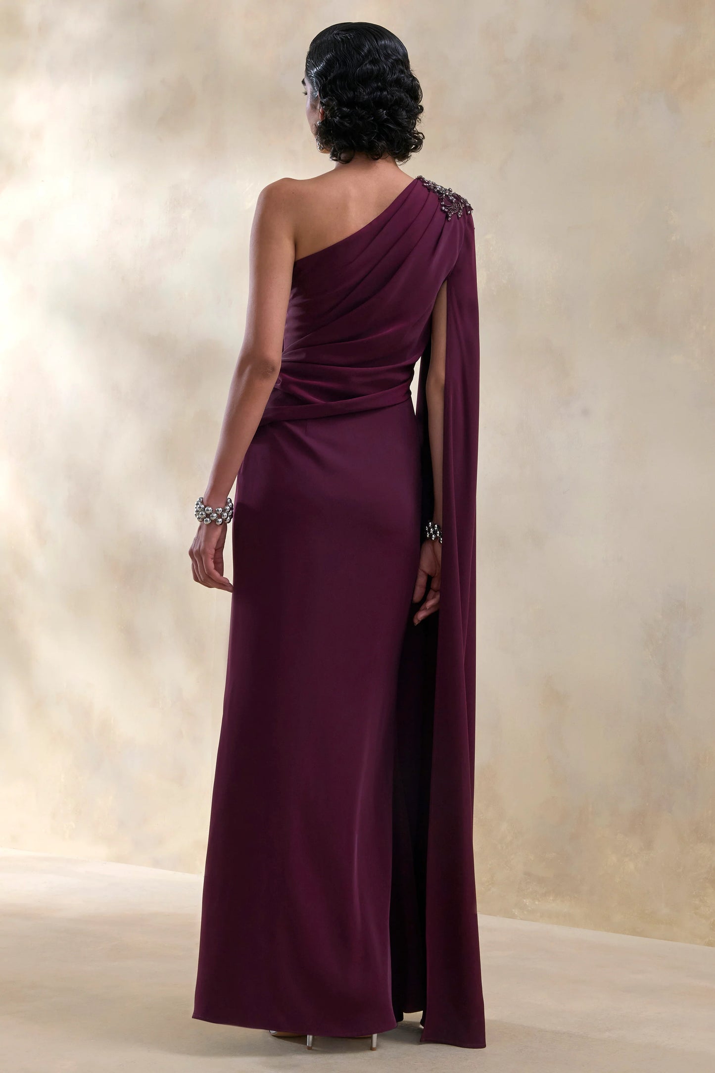 Solace Dark Plum Asymmetric-Neck Maxi Dress With Front-High Split