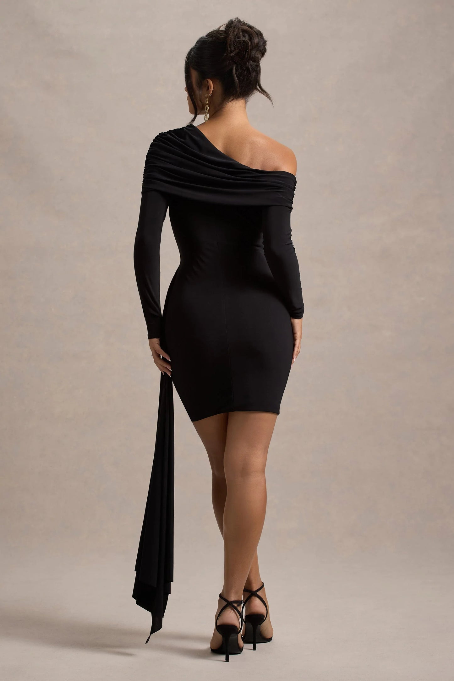 Savita Black Ruched Asymmetric Mini Dress With Drape