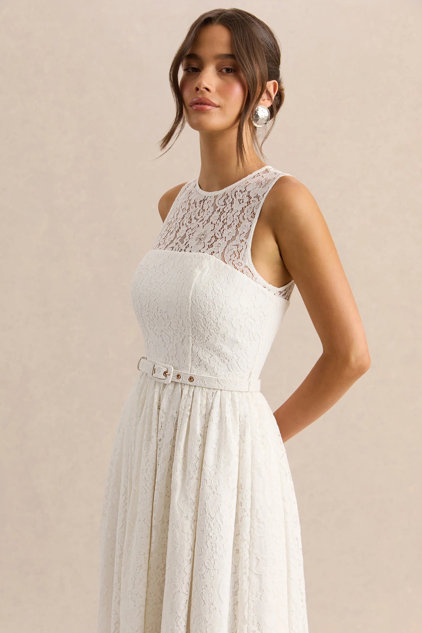 Anabella White Lace Crew-Neck Belted Midi-Dress