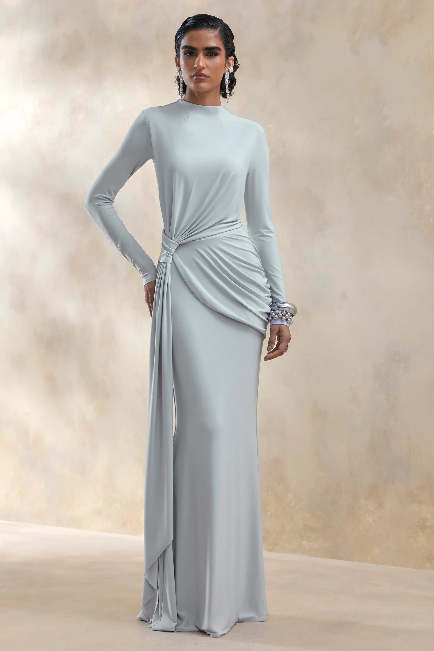 Kyrissa Blue High-Neck Maxi Dress With Gathered-Detailing