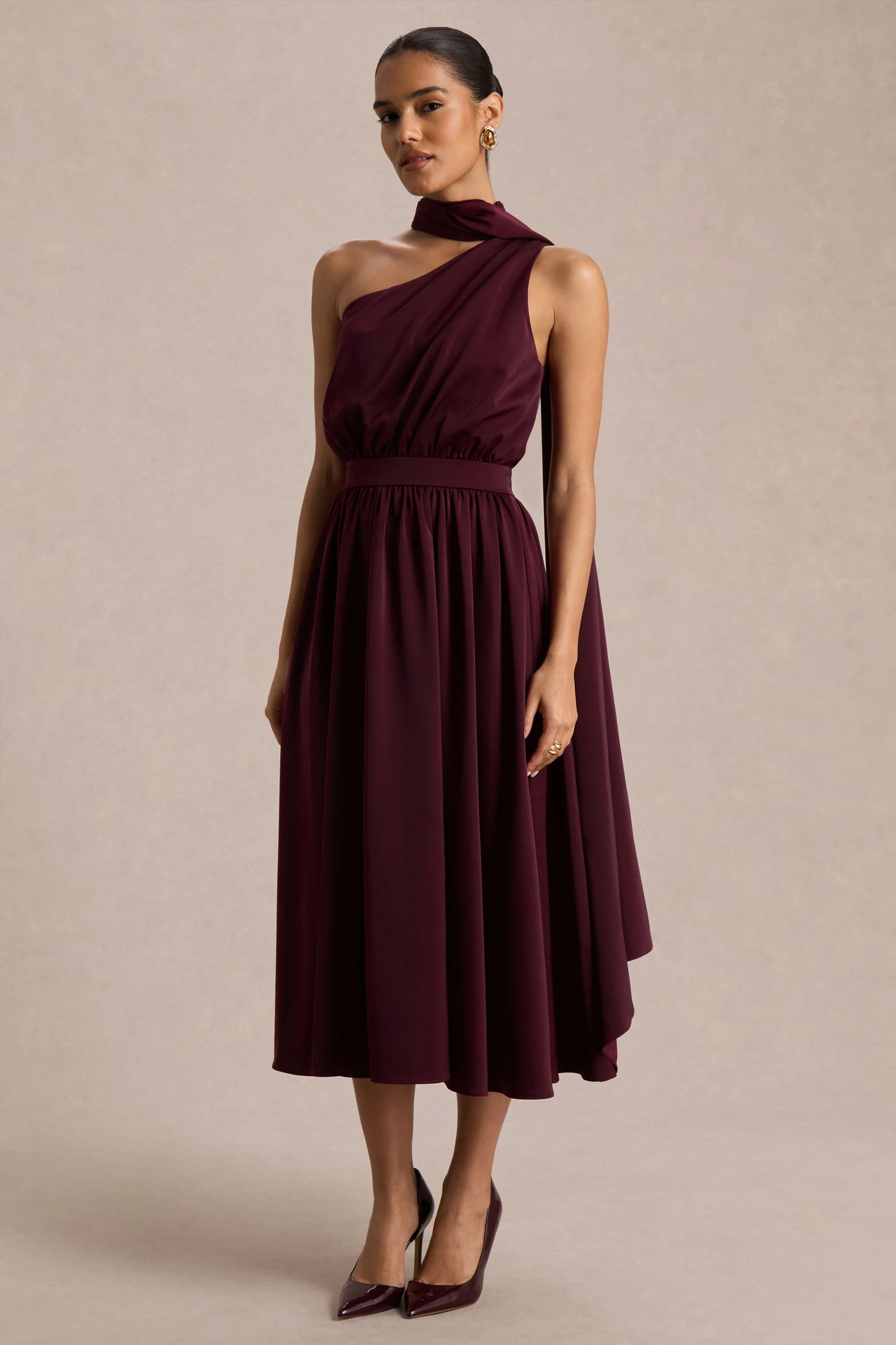Caluna Burgundy Satin Asymmetric-Neck Midi Dress With Scarf-Detail