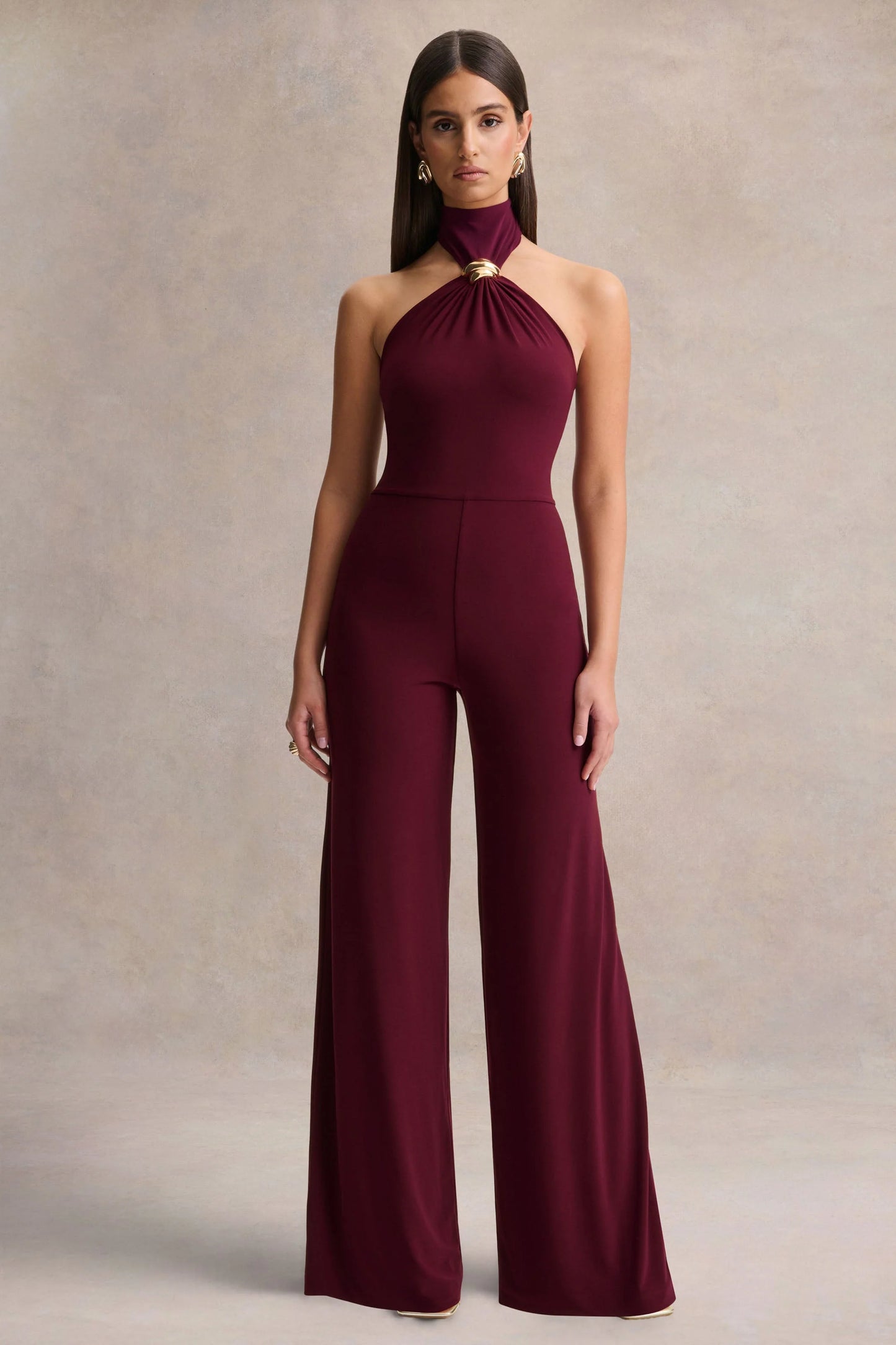 Gwen Burgundy High-Neck Jumpsuit With Gold-Detail