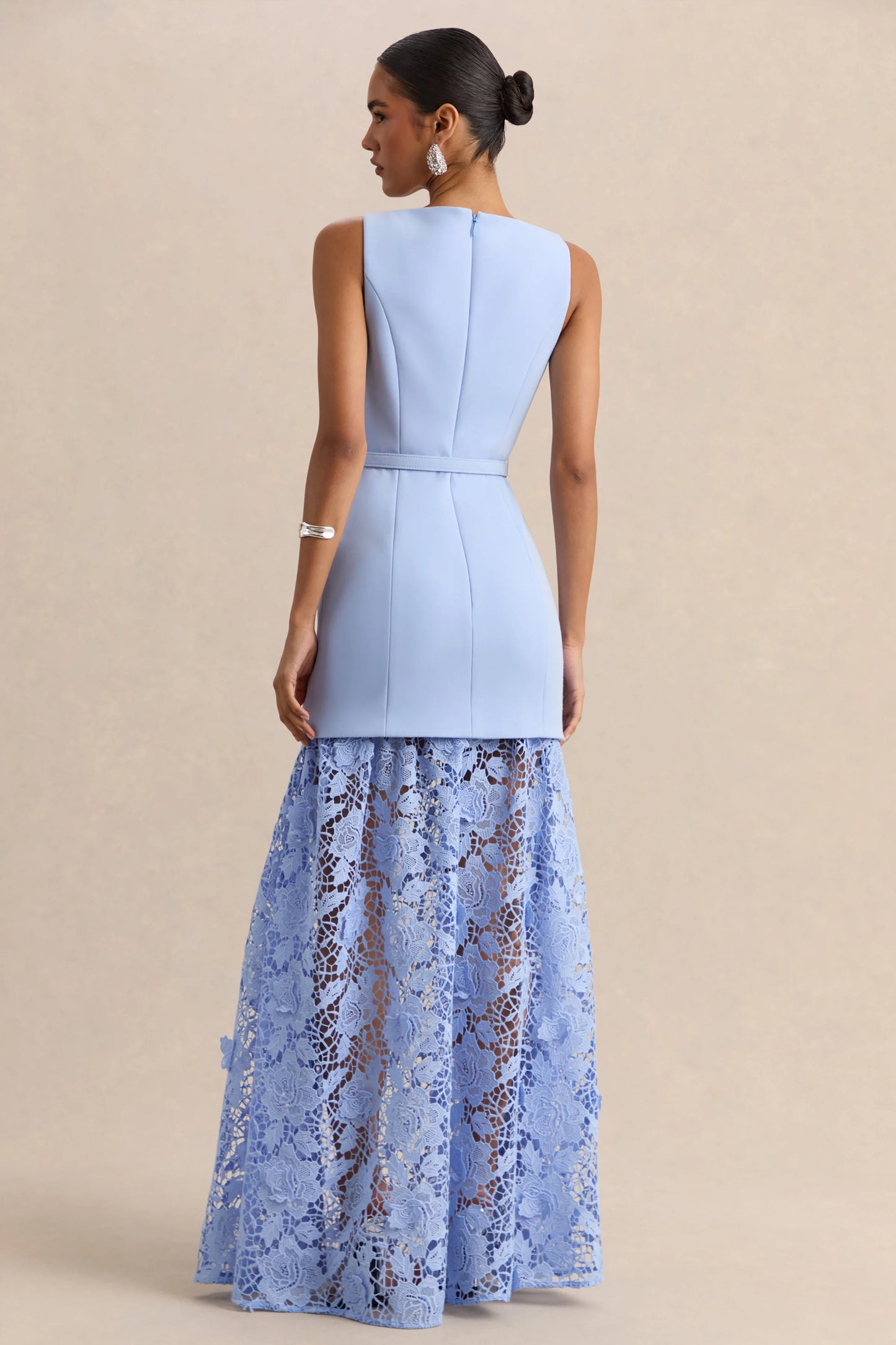 Verena Powder Blue Boat-Neck Belted Maxi Dress With Lace Skirt