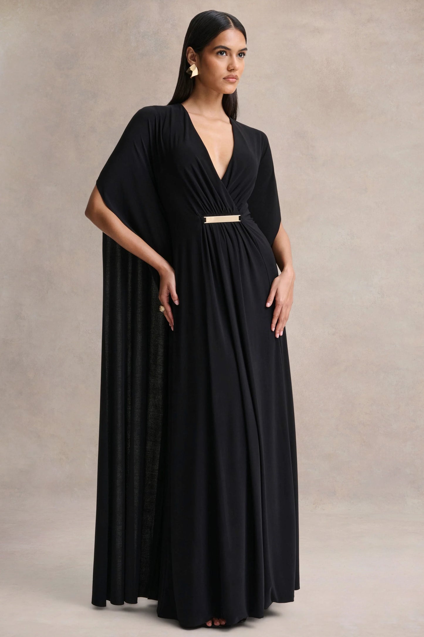 Romilly Black Plunge-Neck Maxi Dress With Gathered Detail