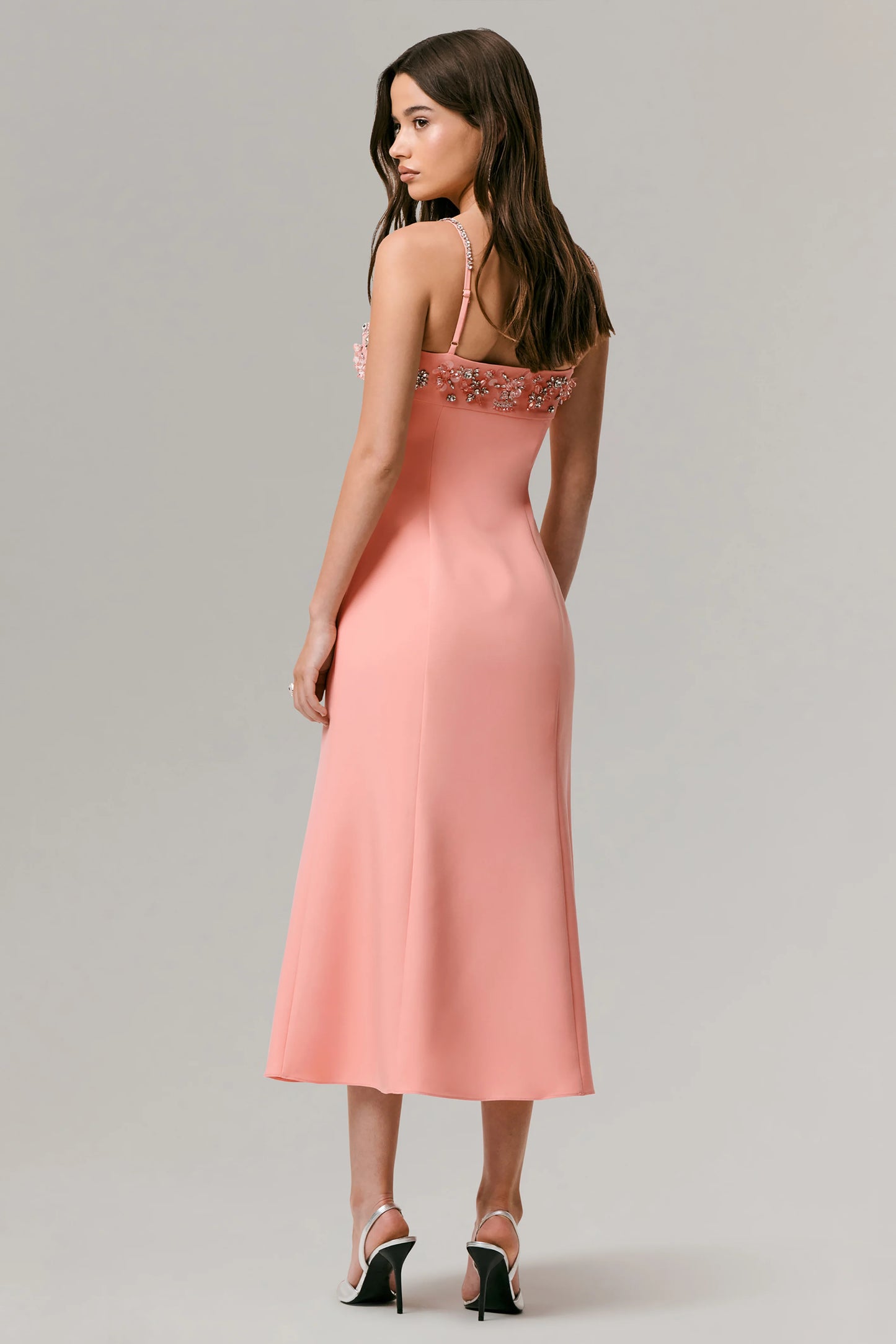 One To Remember Coral Square-Neck Embellished Midi Dress