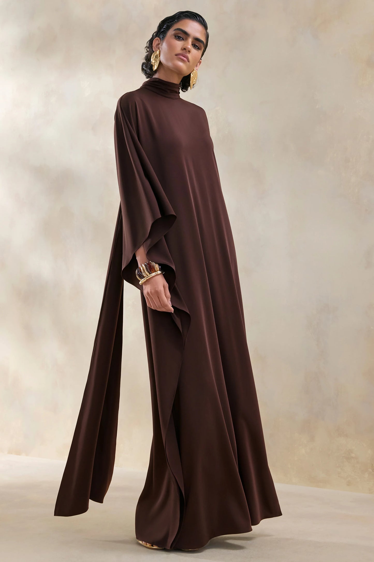 Lumisette Brown Satin High-Neck Maxi Dress With Cape