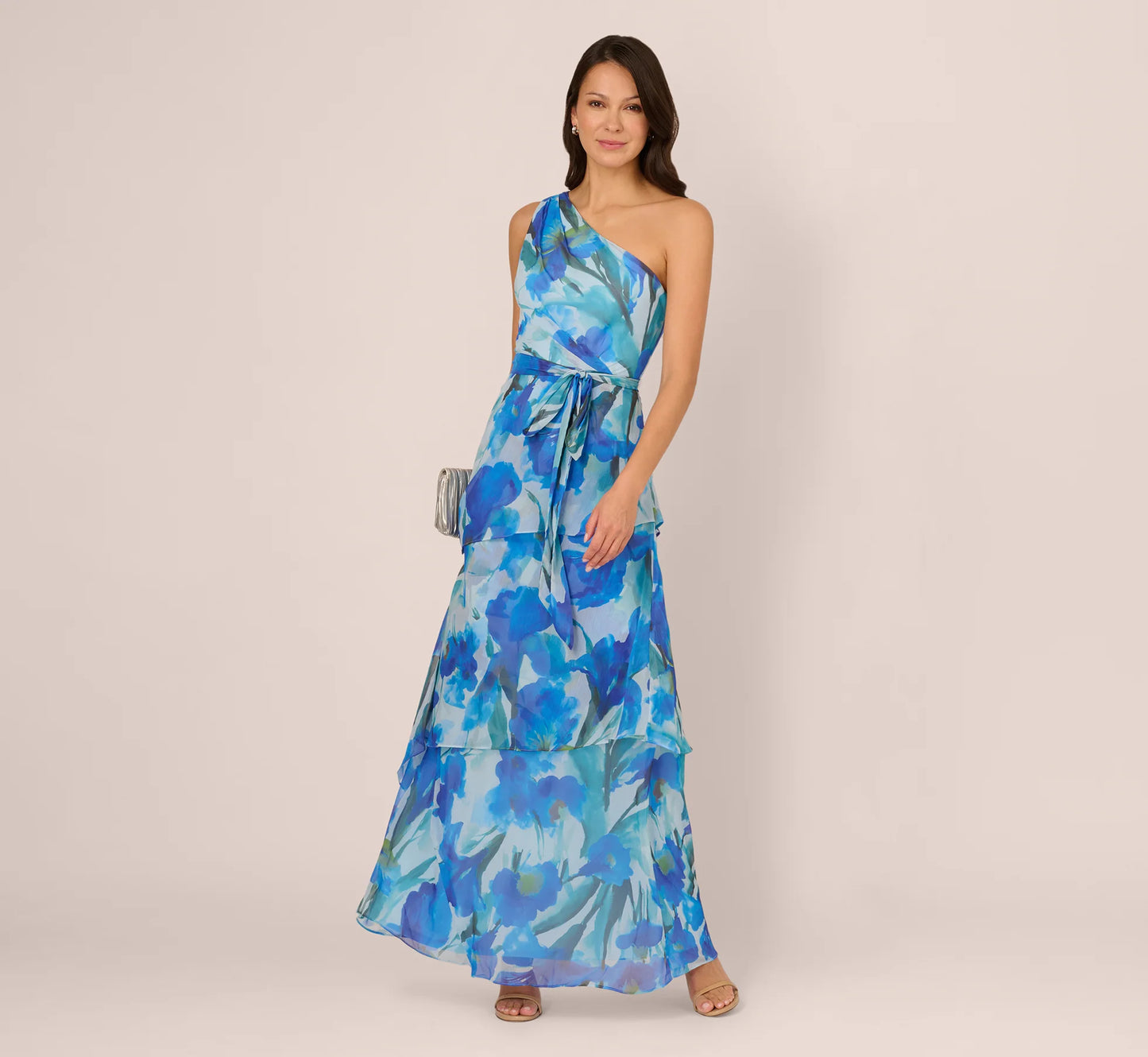 One Shoulder Tiered Floral Chiffon Gown In Blue Multi