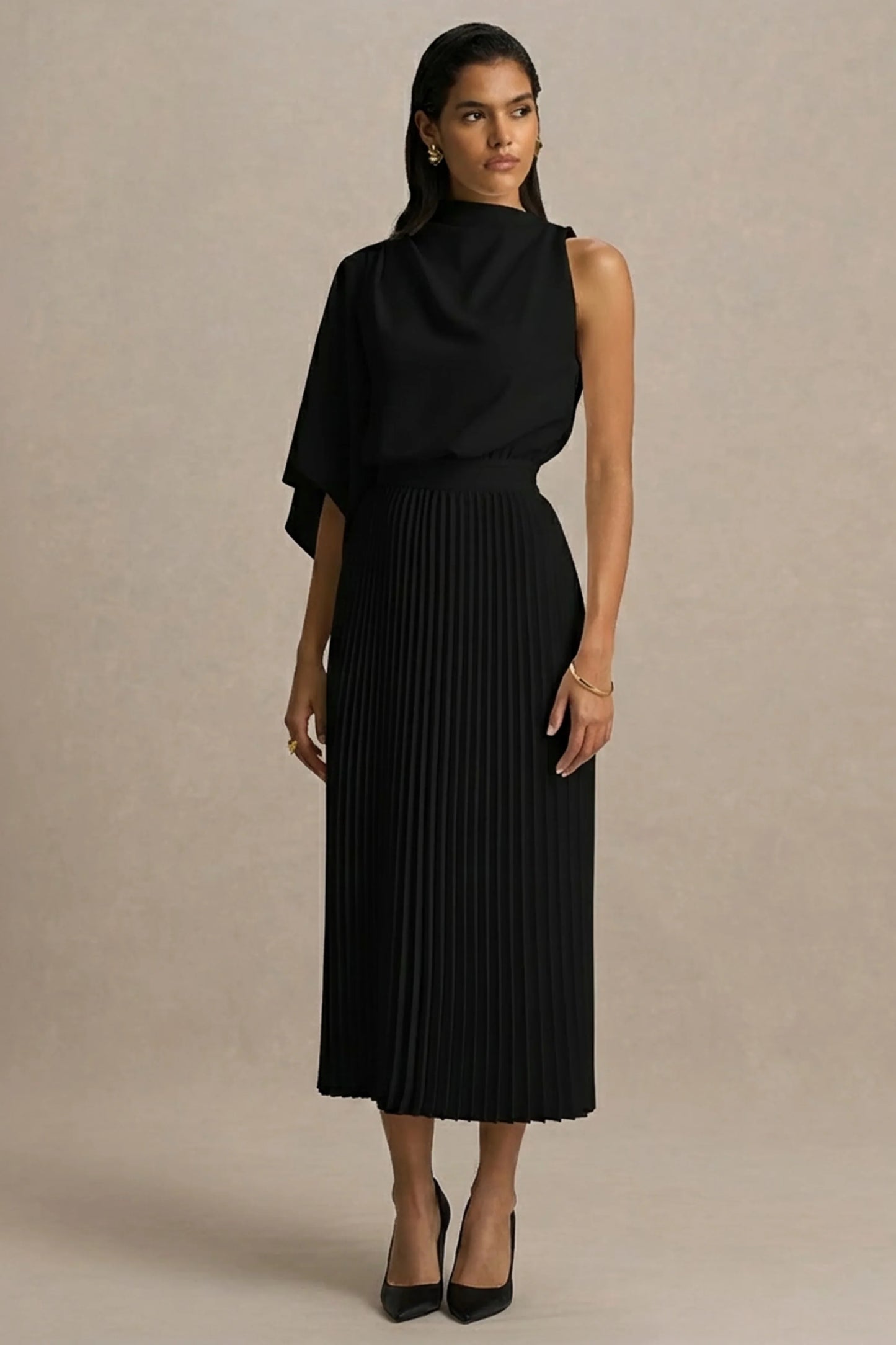 Jimena Black High-Neck Midi Dress With One-Long Sleeve And Pleated Detailing