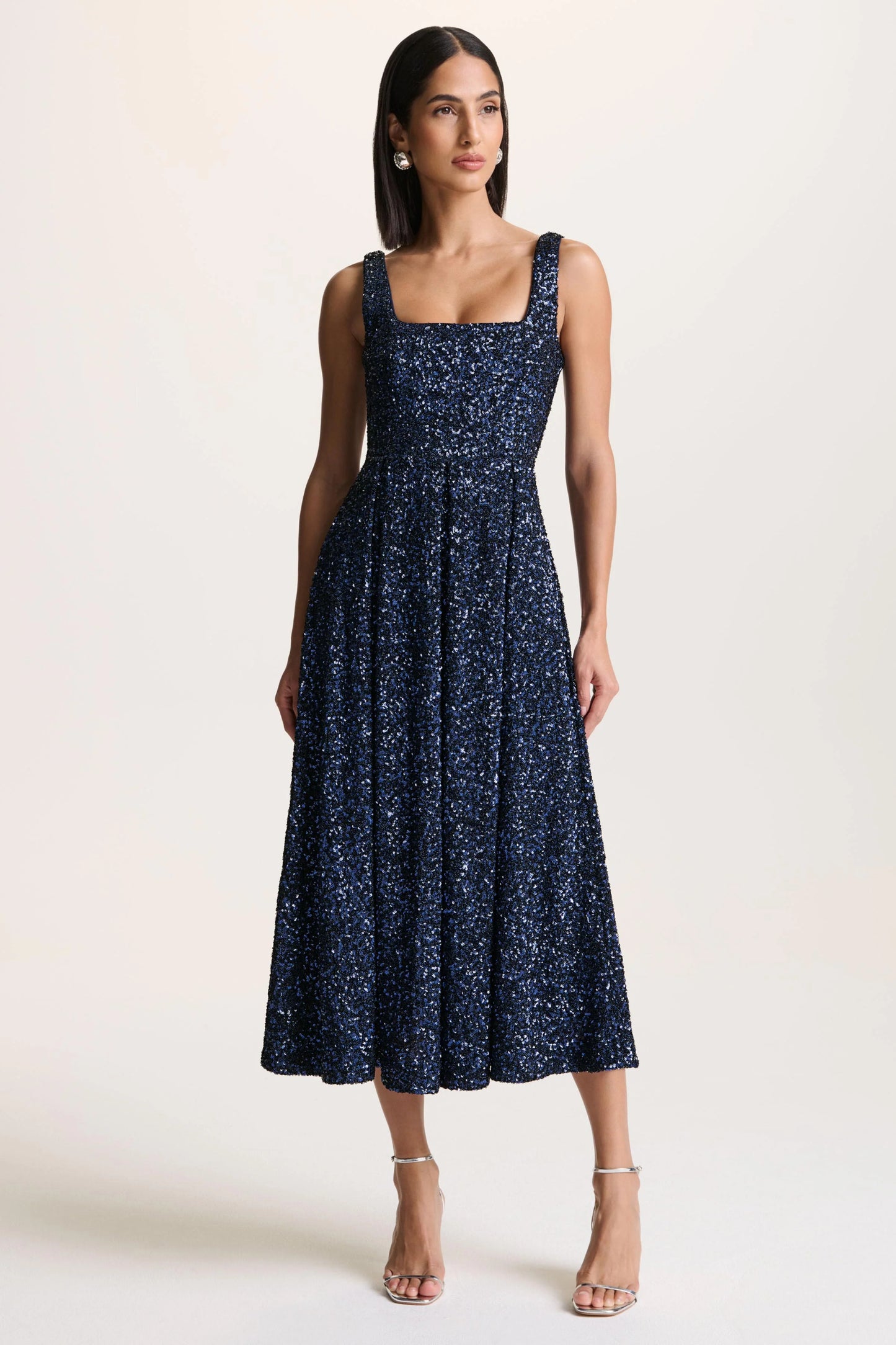 Lima Navy Sequin Square-Neck A-Line Midi Dress
