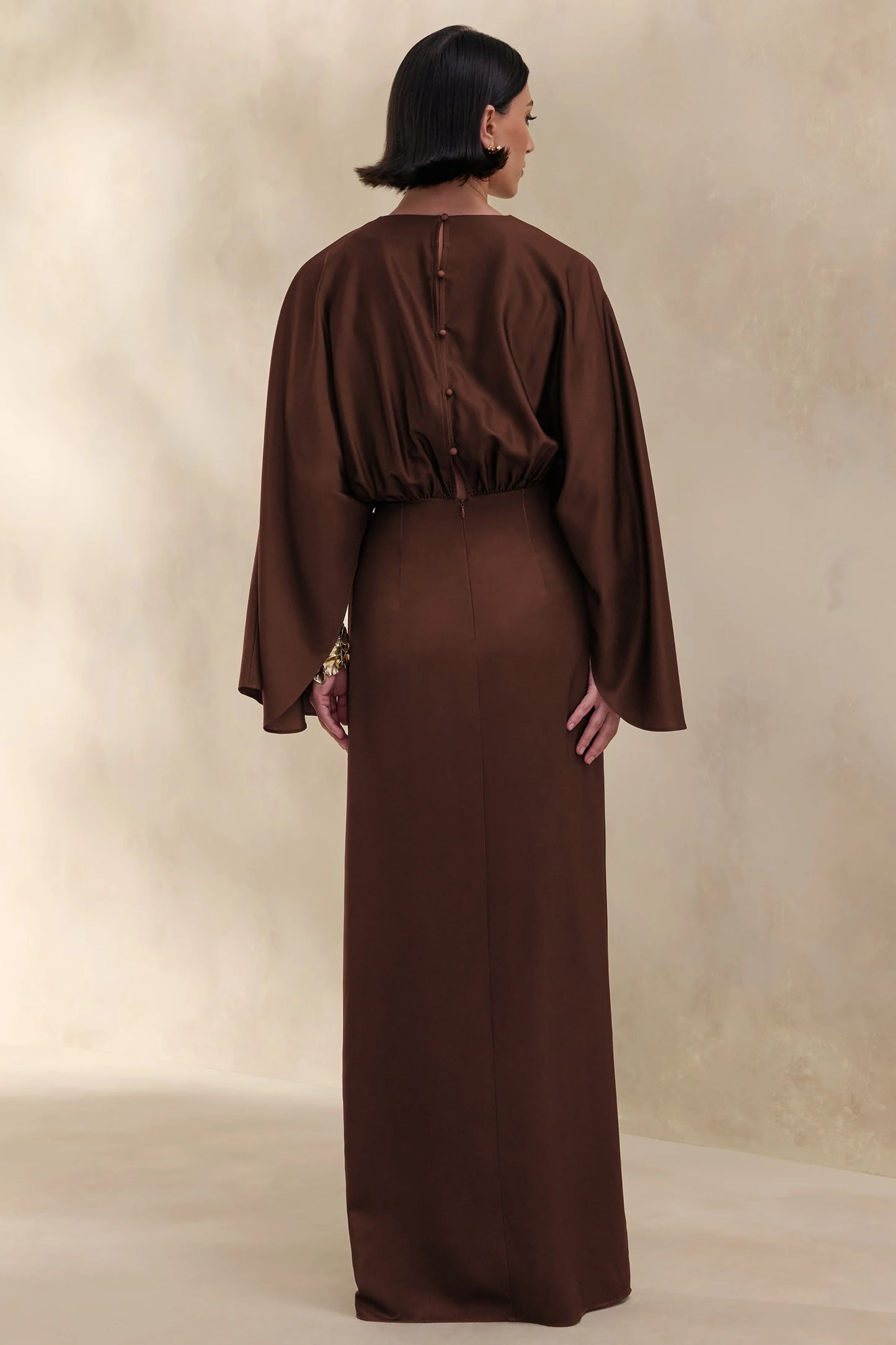 Delphina Brown Satin Maxi Dress With Gathered And Knot-Detail