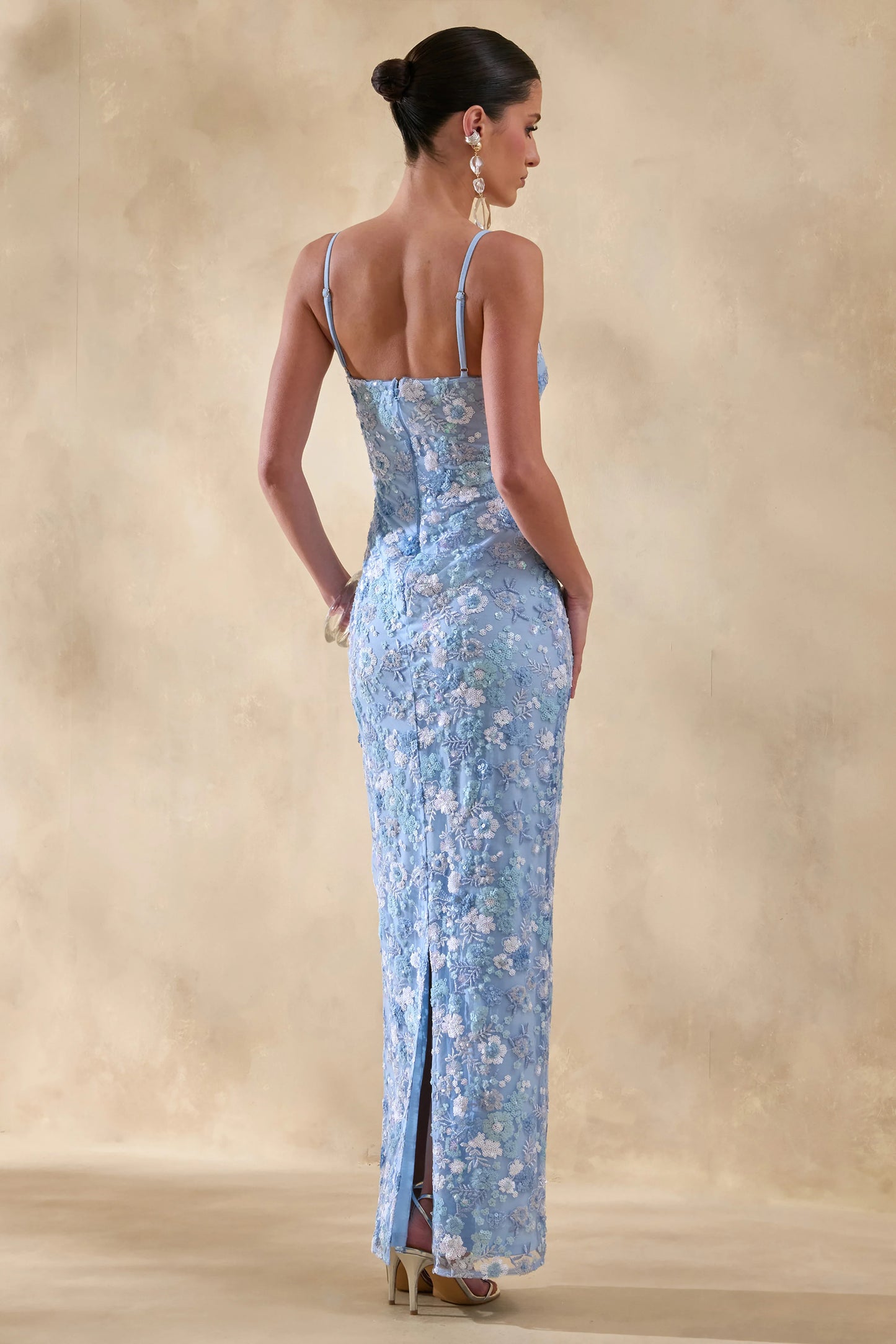 Miren Light Blue Embellished Sequin Bandeau Maxi Dress