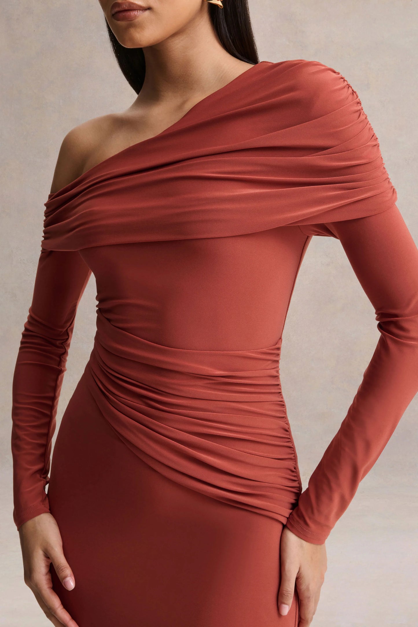 Elliora Rust Asymmetric-Neck Midi Dress