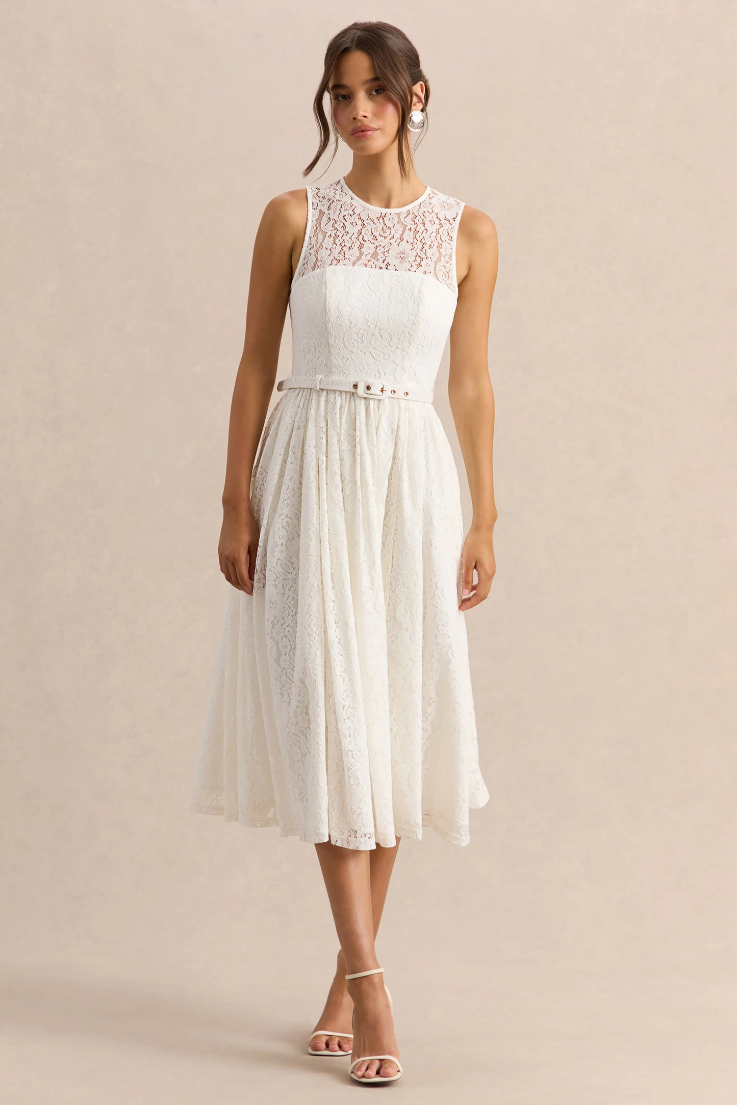 Anabella White Lace Crew-Neck Belted Midi-Dress