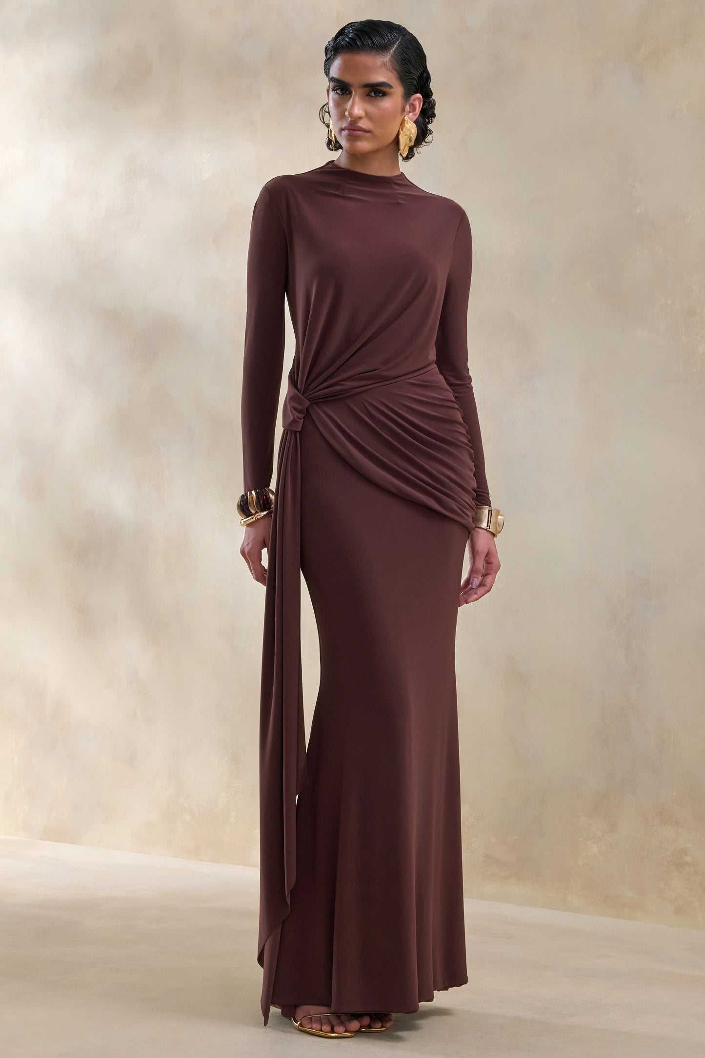 Kyrissa Brown High-Neck Maxi Dress With Gathered-Detailing