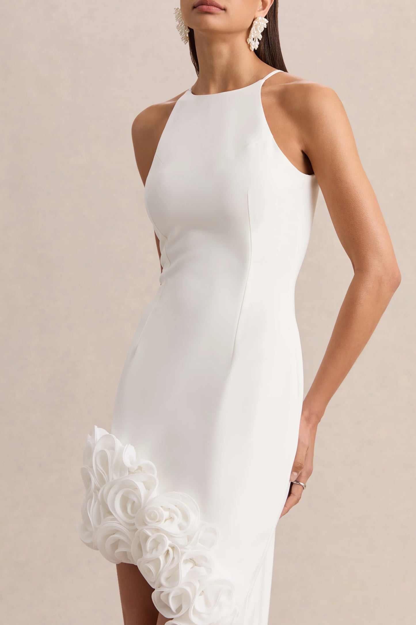 Indira White Halter-Neck Maxi Dress With Asymmetric-Floral Hem