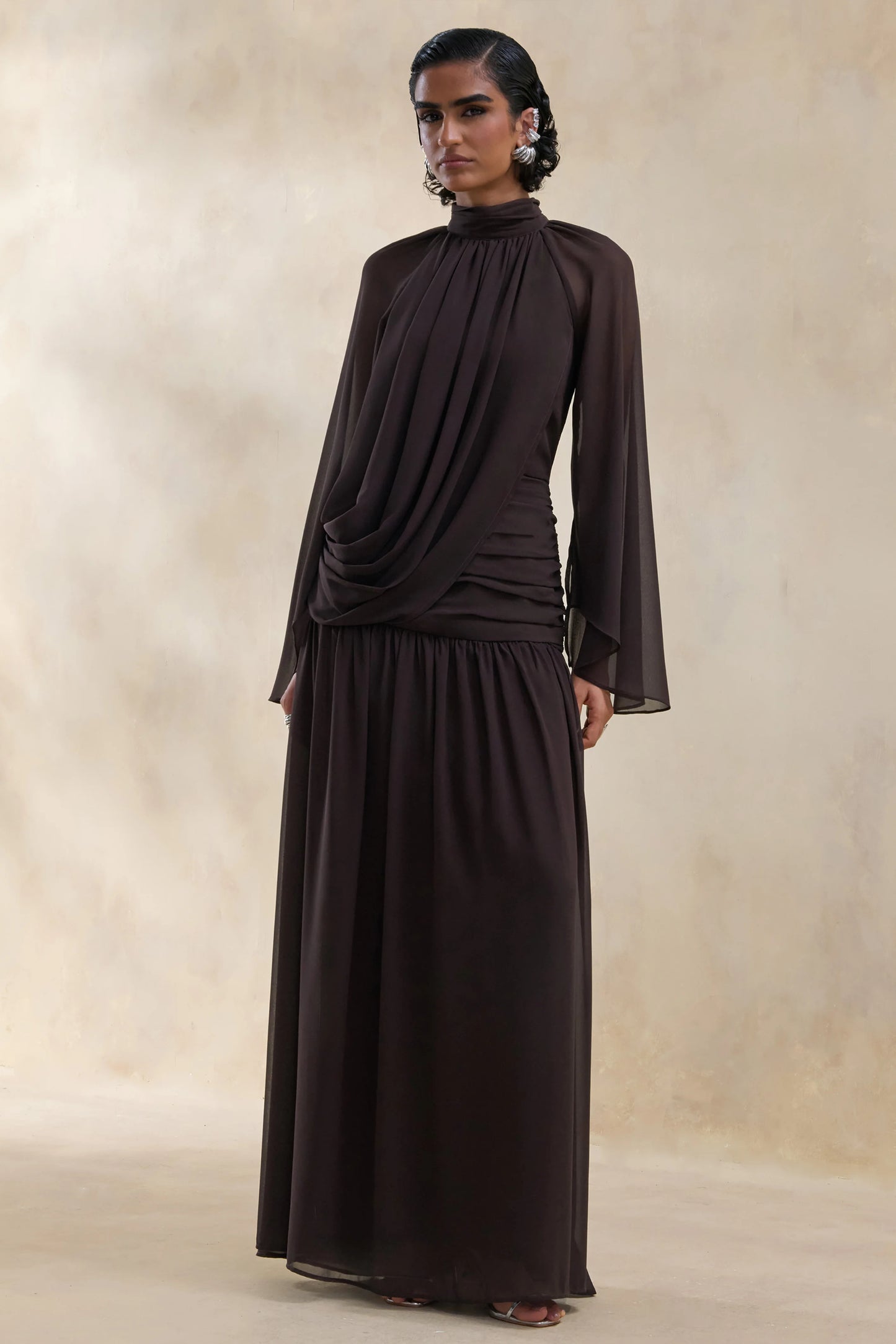 Narella Brown Chiffon High-Neck Maxi Dress With Draped-Detailing