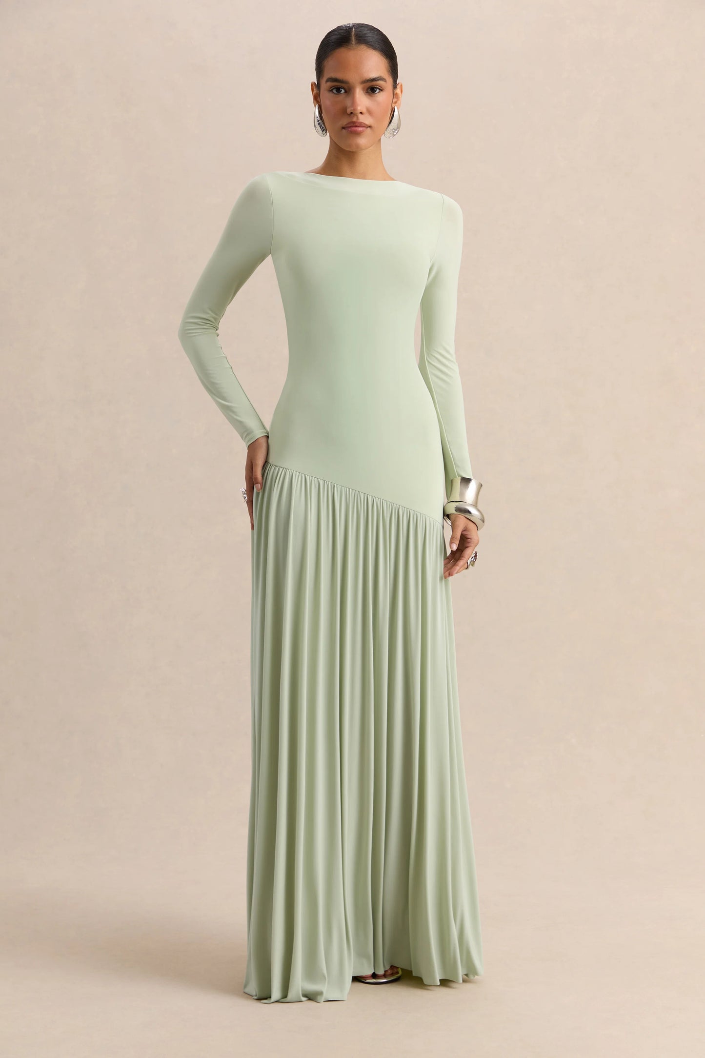Jasira Mint Crew-Neck Maxi Dress With Asymmetric Drop-Waist