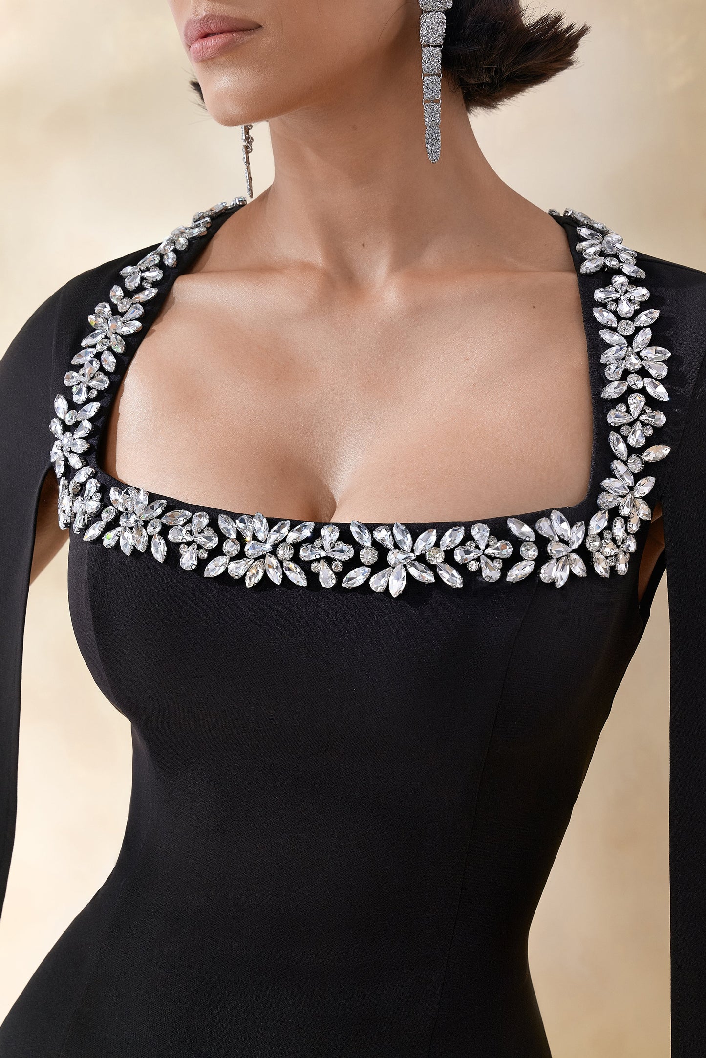 Glossy Black Woven Square-Neck Maxi Dress With Cape Sleeves and Hand-Embellished Detail
