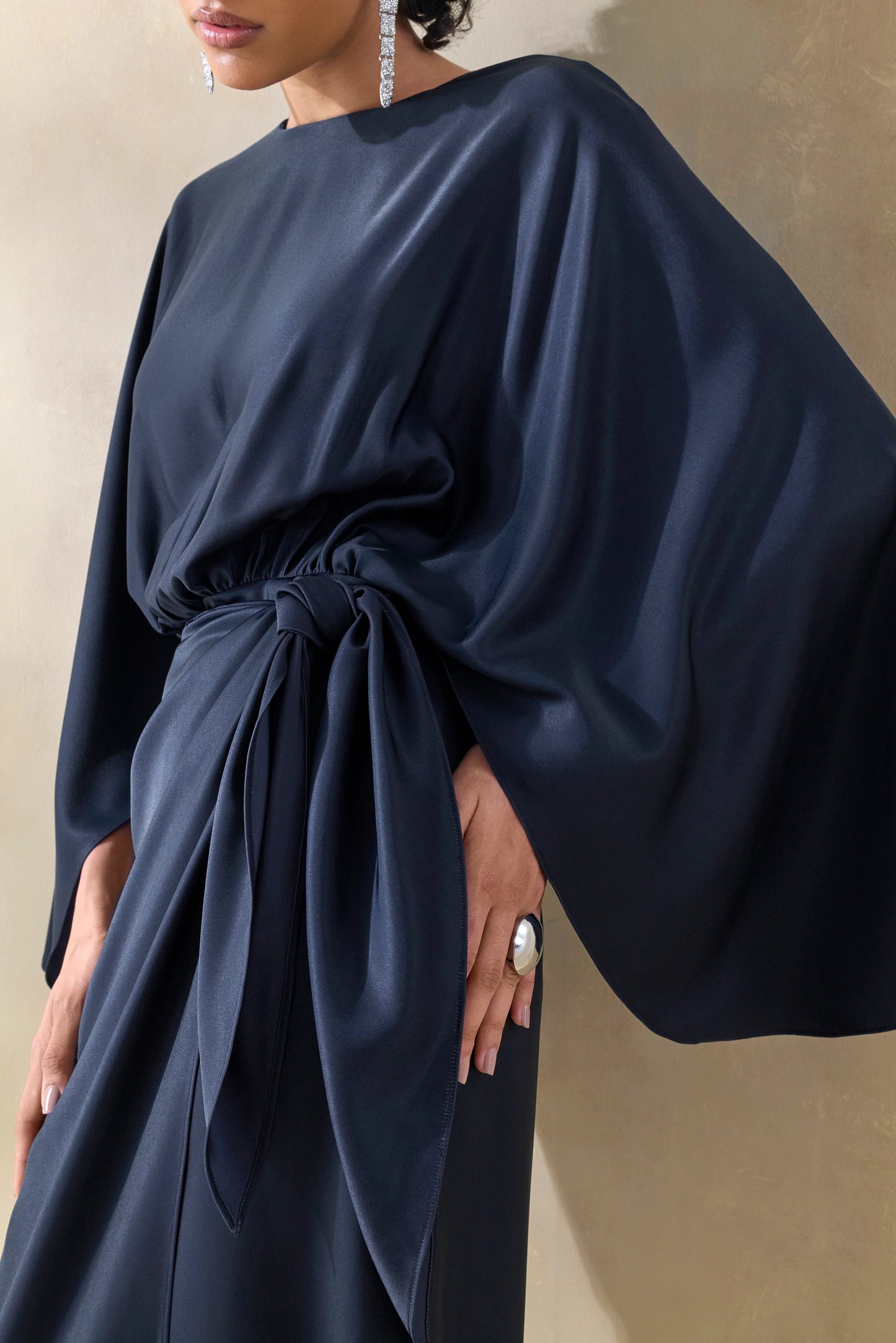 Delphina Navy Satin Maxi Dress With Gathered And Knot-Detail
