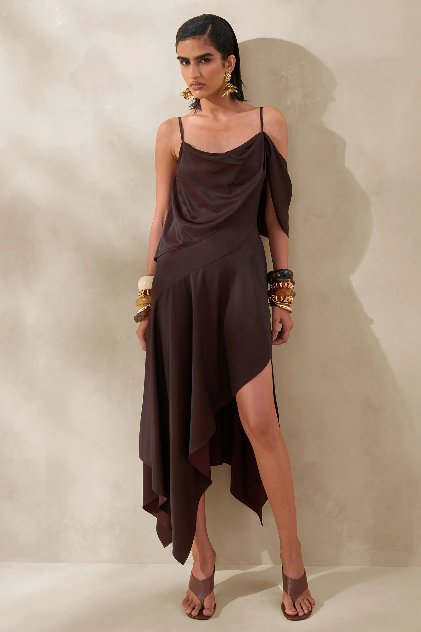Helira Brown Asymmetric Midi Dress With Draping Detailing and Open-Back