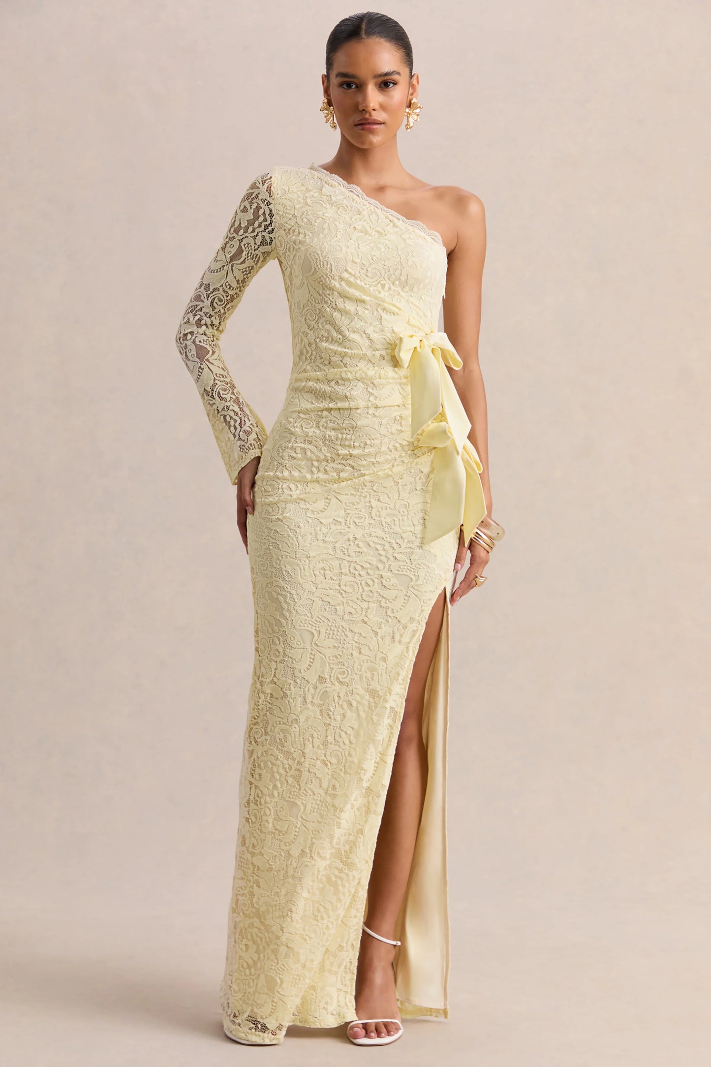 Norna Lemon Lace Asymmetric-Neck Maxi Dress With Cut-Out And Bow Details