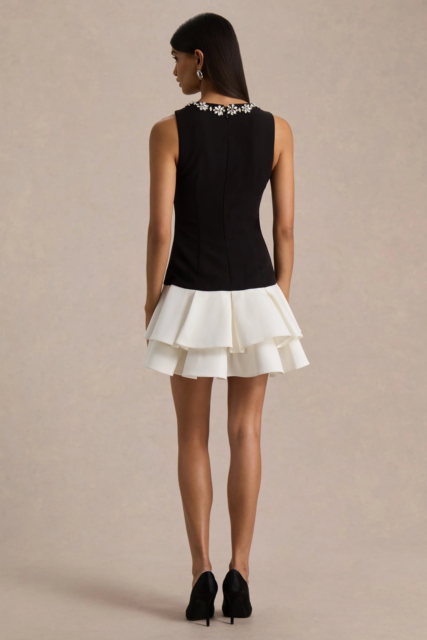 Nalani Black And White Crew-Neck Mini Dress With Embellishment And Ruffled Detailing