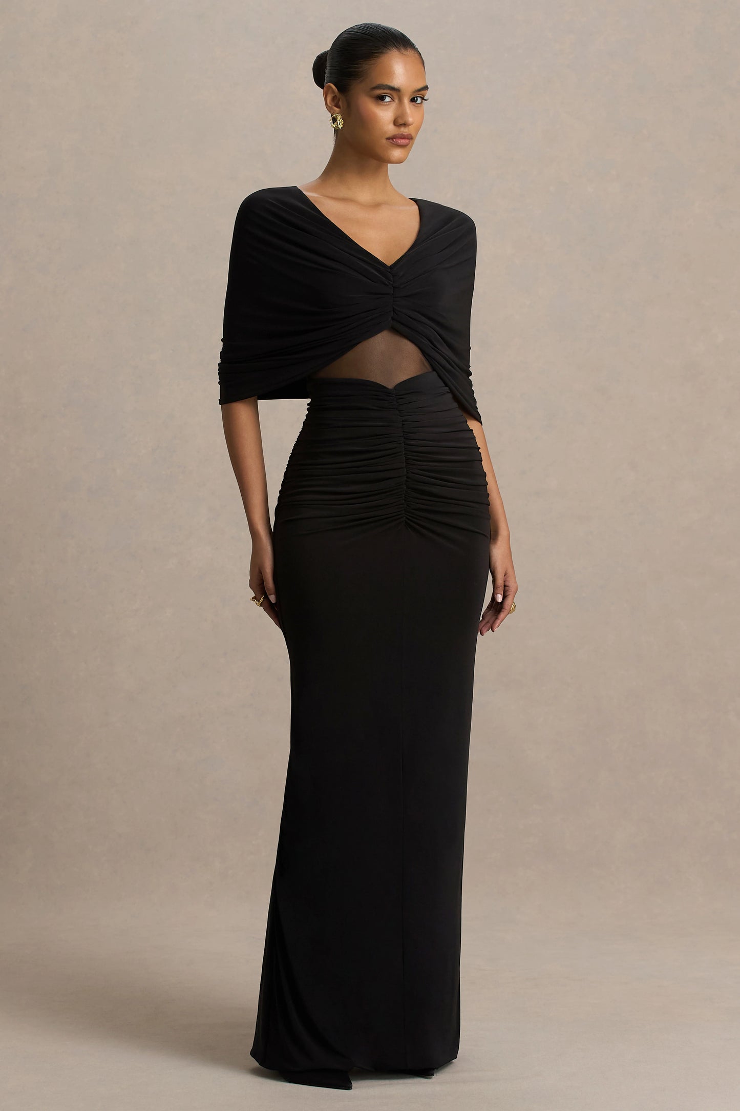 Zinnie Black Cape-Sleeve Maxi Dress With Mesh Panel