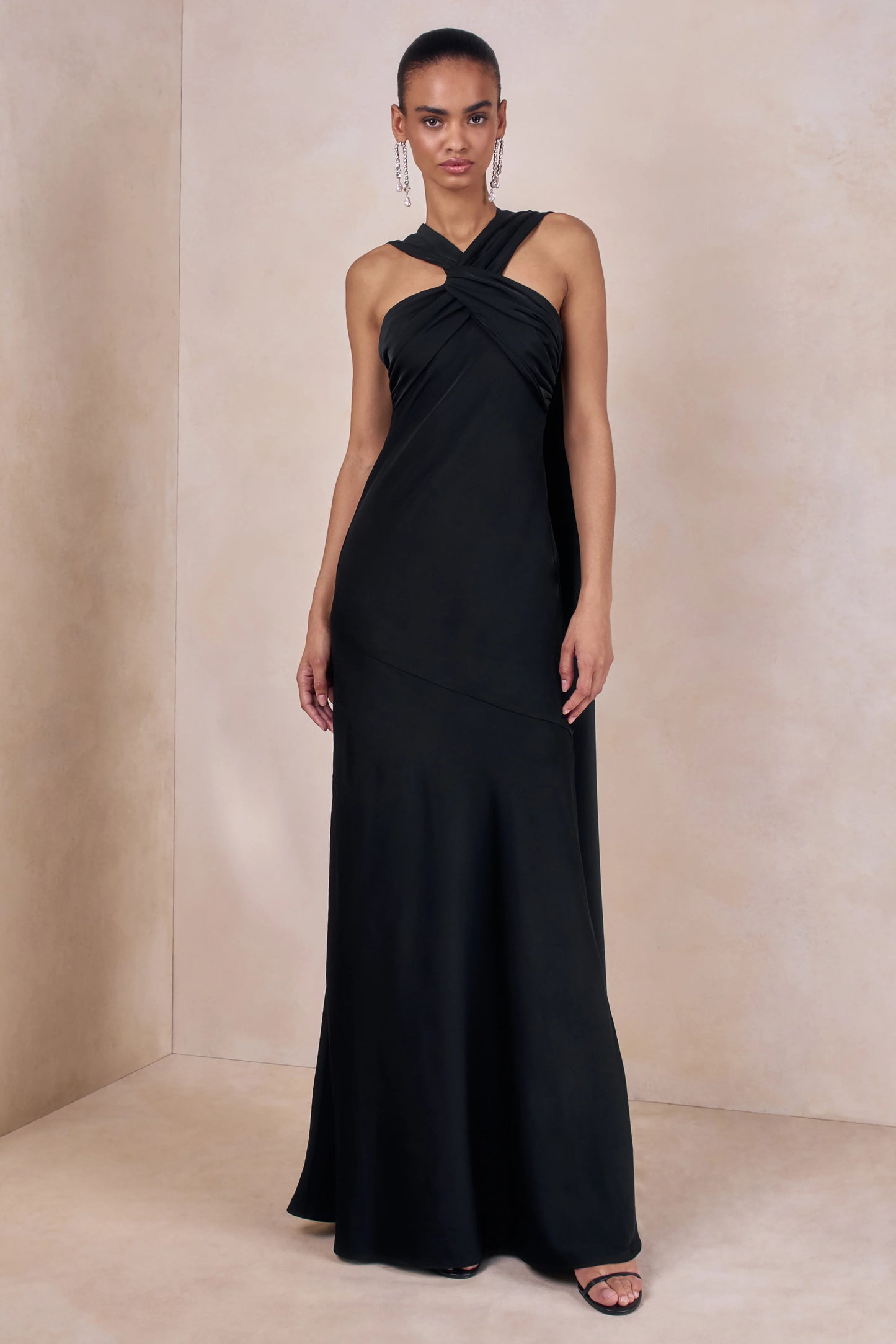 Sloane Black Matte Satin Halter-Neck Maxi Dress With Cape