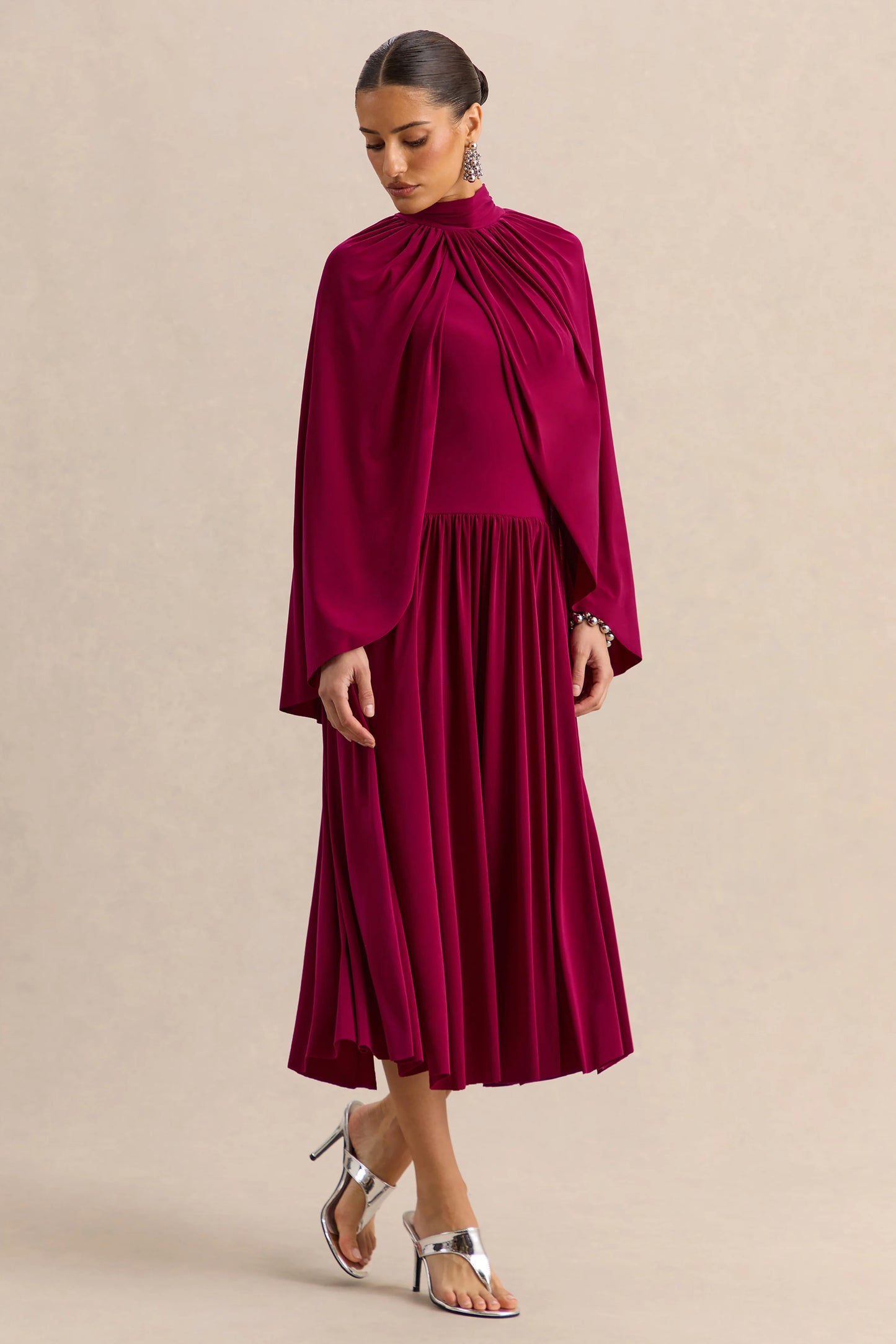 Honora Burgundy High-Neck Midi Dress With Cape-Sleeves