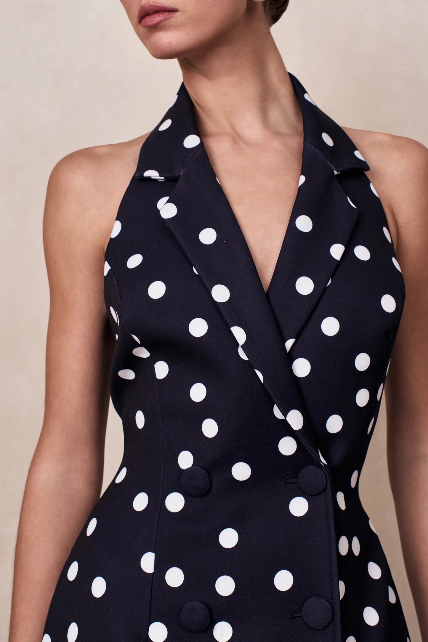 Hana Black & White Polka Dot Plunge-Neck Tailored Maxi Dress