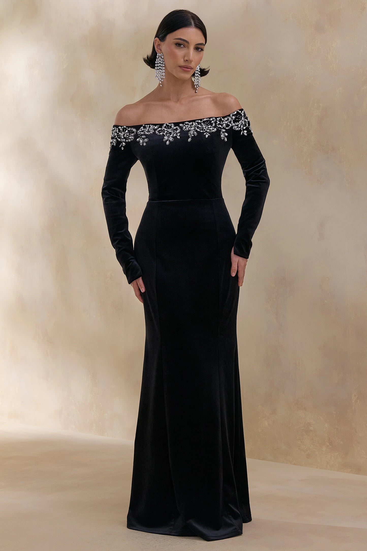 Fern Black Velvet Embellished Bardot-Neck Maxi Dress