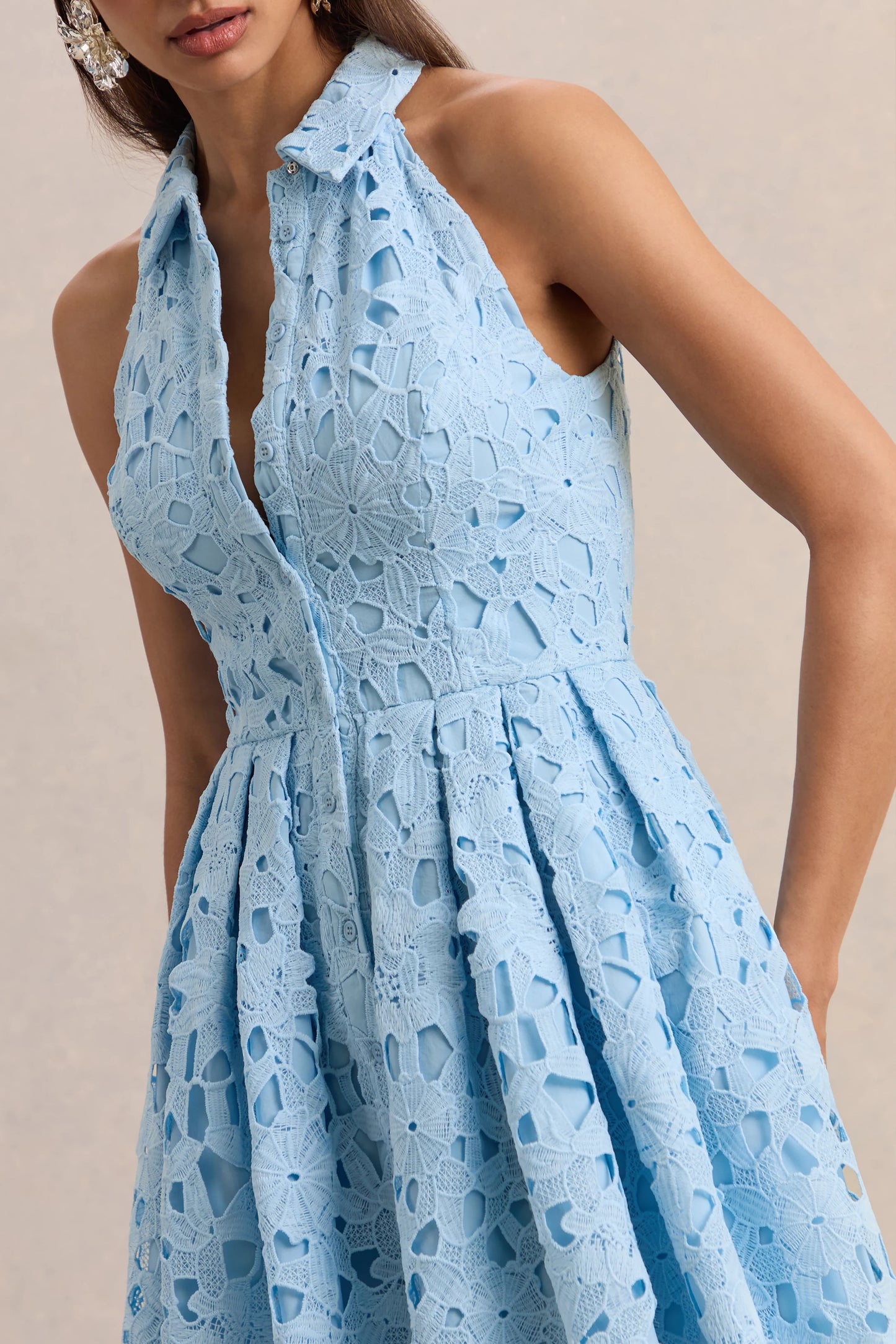 Milly Powder Blue Lace Halter-Neck Mini Dress