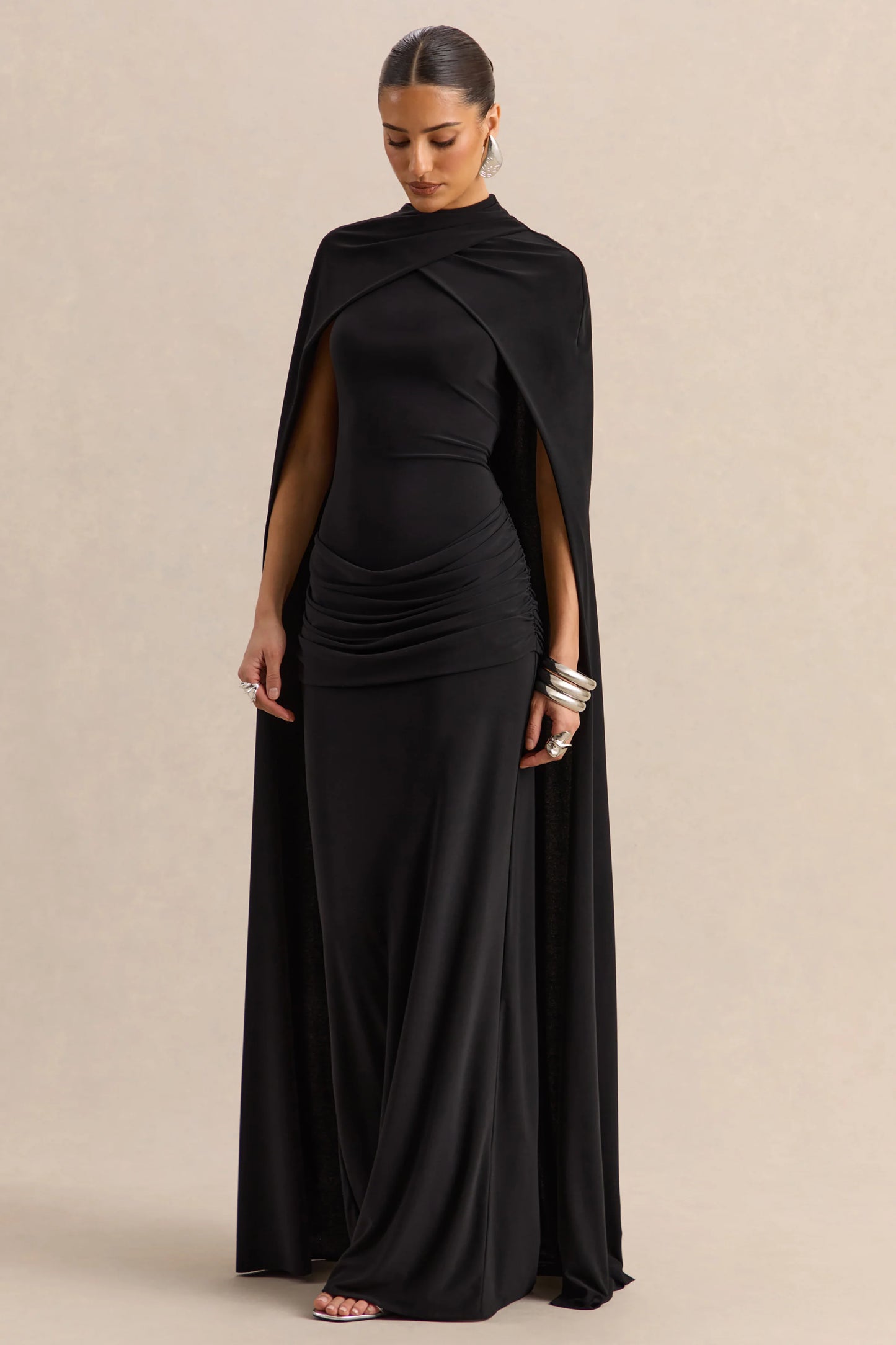 Dianelle Black High-Neck Maxi Dress With Cape-Sleeves