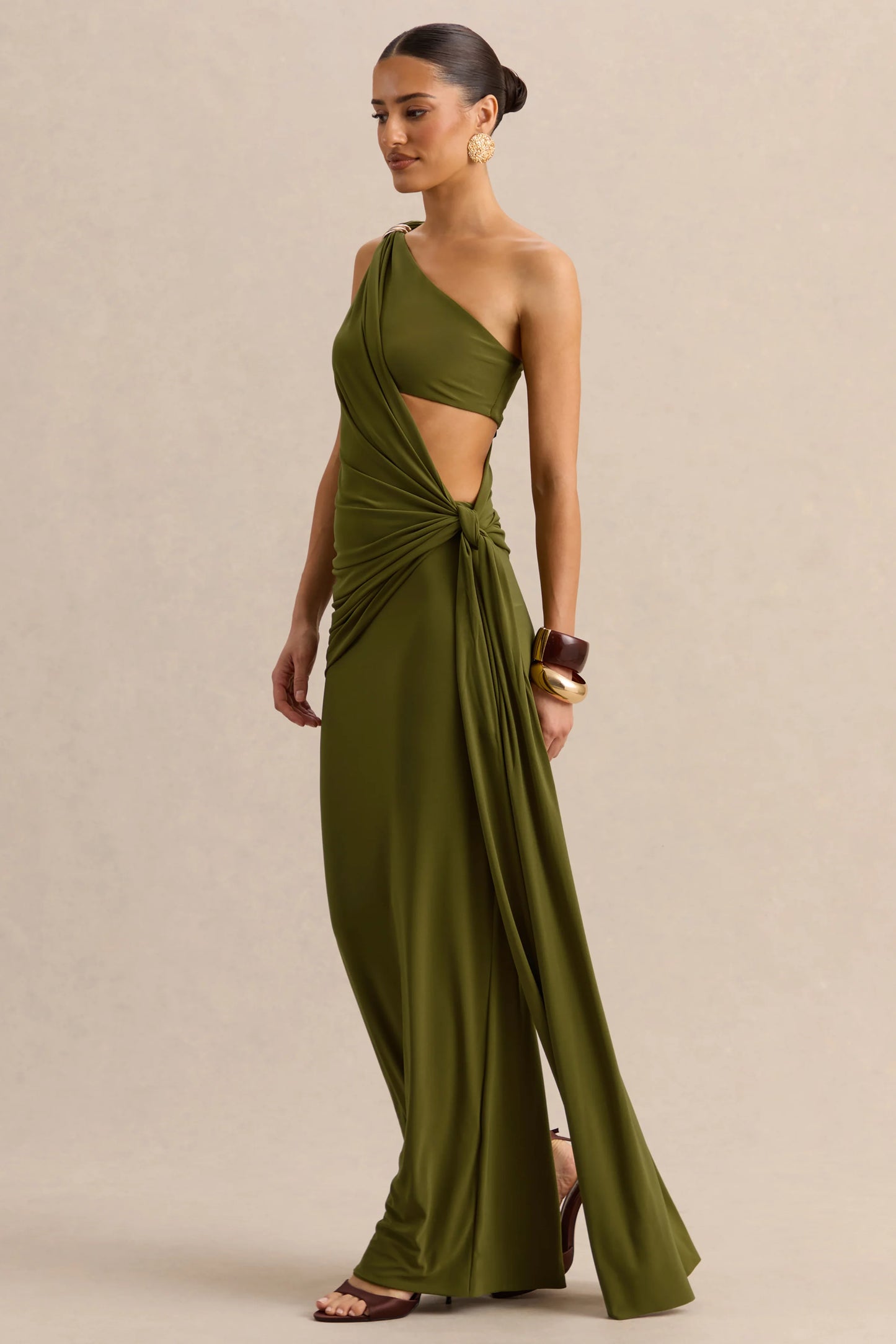 Clarosia Green Asymmetric-Neck Maxi Dress With Cut-Out With Sash