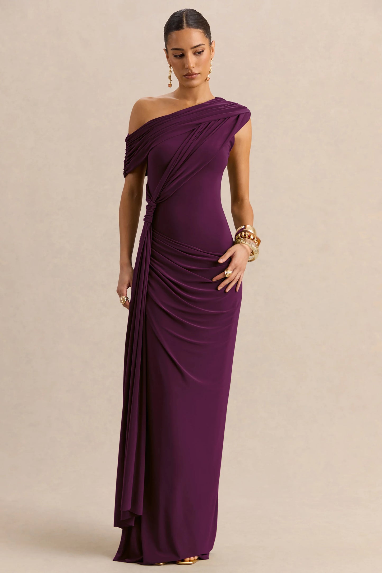 Avialee Dark Plum Asymmetric-Neck Maxi Dress With Gathered-Detailing And Sash