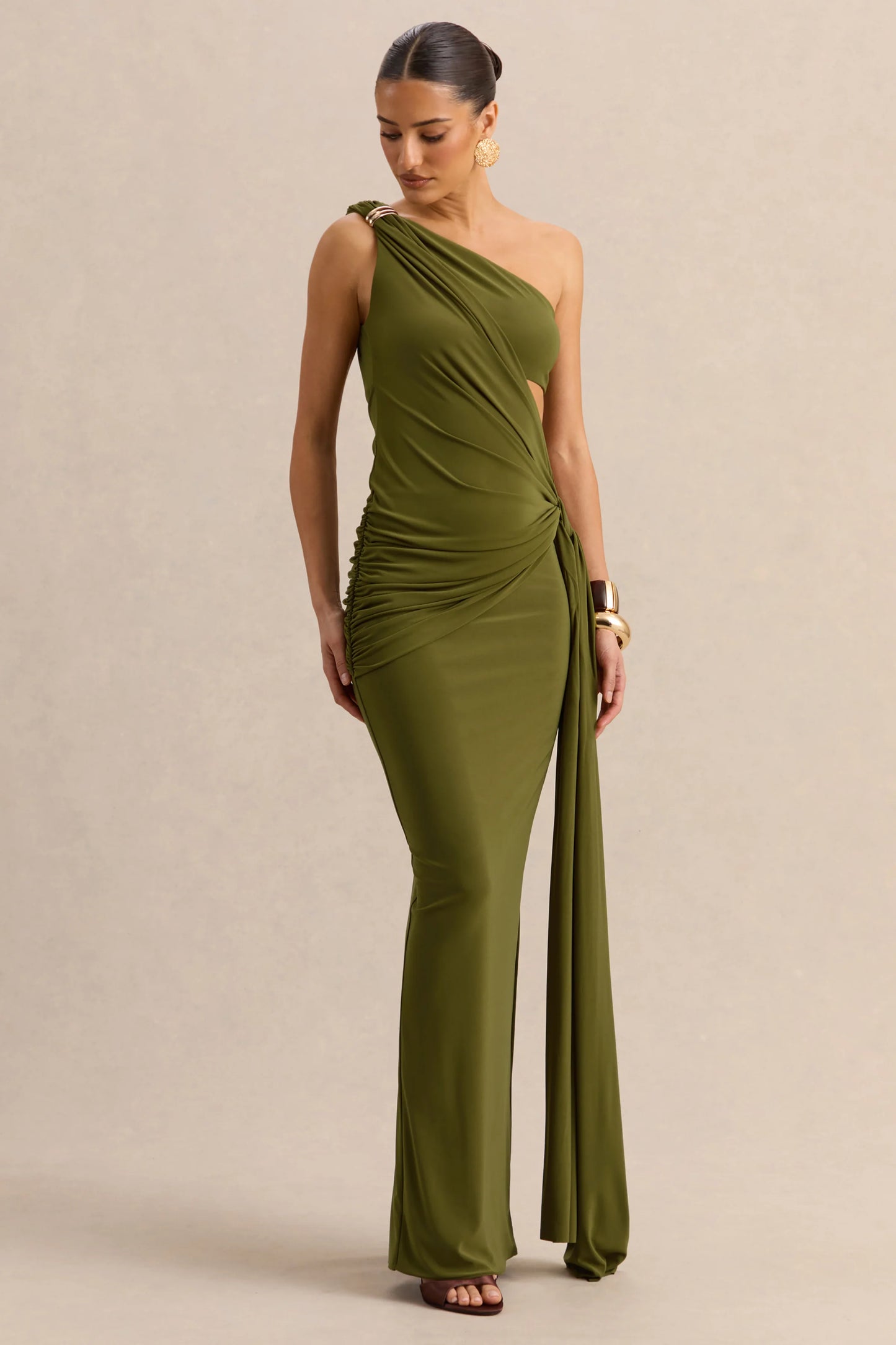 Clarosia Green Asymmetric-Neck Maxi Dress With Cut-Out With Sash