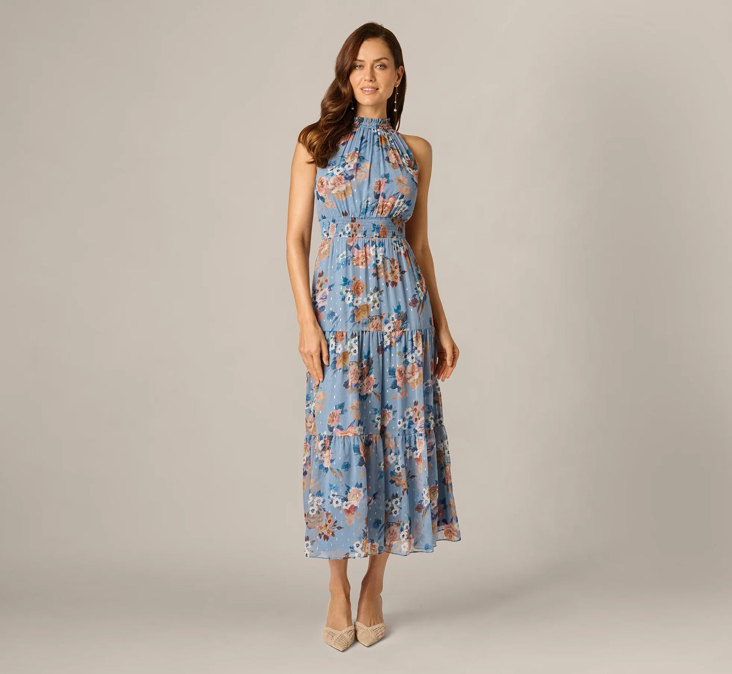 Floral Meta Chiffon Tiered Halter Midi Dress In Blue Multi